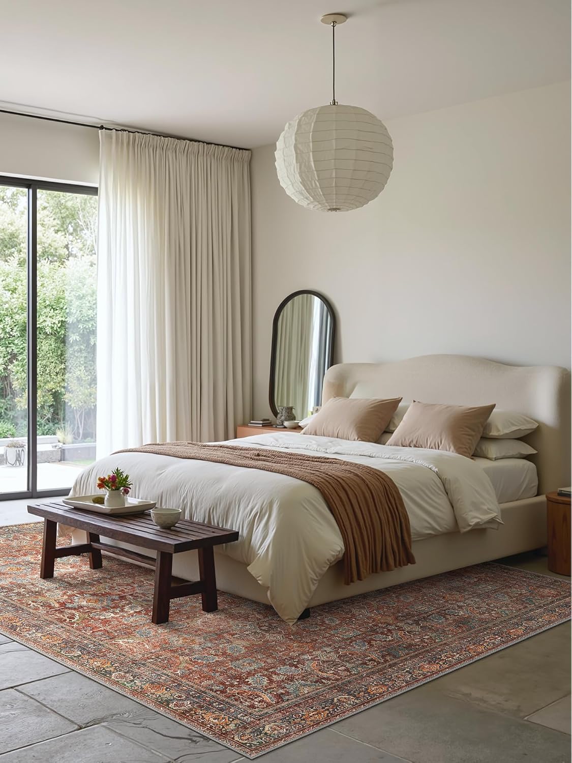 6x9 Area Rug Machine Washable Boho Rug for Living Room,Ultra-Thin Low Pile Carpet,Lightweight Printed Rug,Non Slip Floral Area Rug for Bedroom, Dining Room, Home Office,Terracotta/Indigo