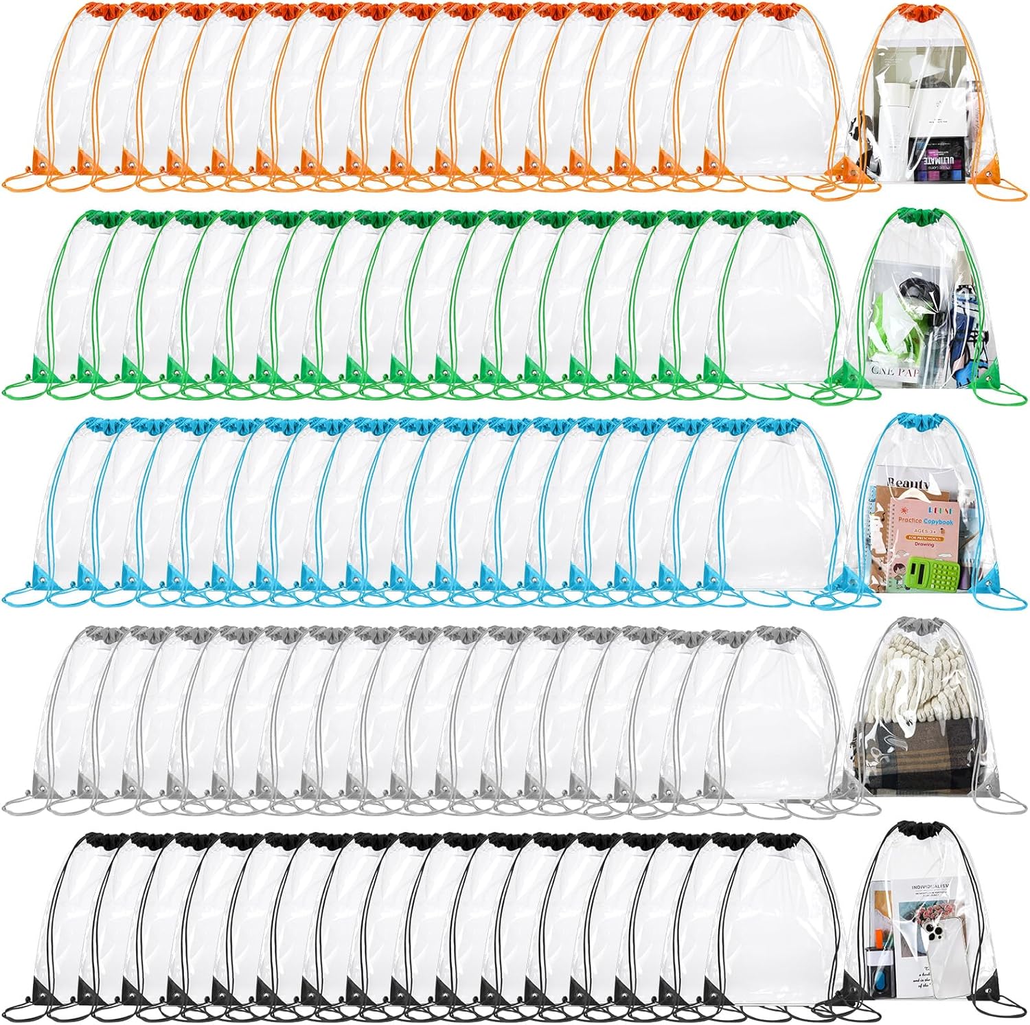 200 Pack Clear Drawstring Bags Bulk PVC Waterproof Clear Drawstring Backpack for Men Women Gym Sport Event Security