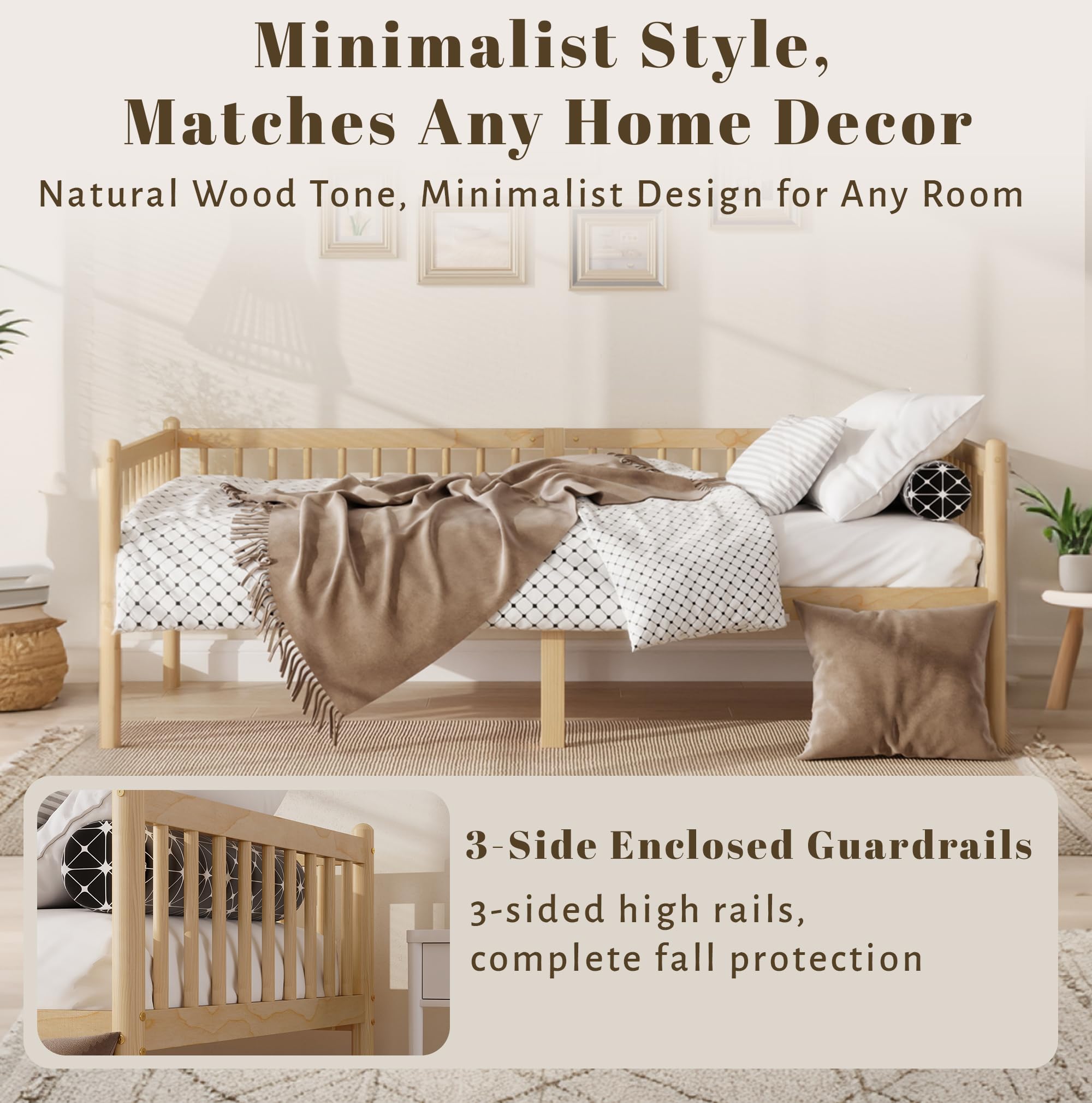 Beistellbett Kinderbett 90x200cm, Massivholz Rausfallschutz (Natur) | 2-in-1 Beistellbett & Einzelbett. 120kg Tragkraft. 29cm Stauraum. 3-seitiger Rausfallschutz ohne scharfe Ecken