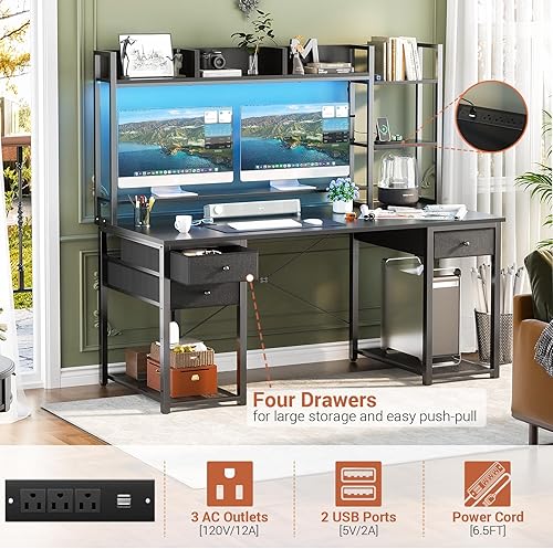 Miniatura 3 de Aheaplus Escritorio con LED y tomacorrientes, escritorio para juegos con gabinete, escritorio de computadora de 55.2 pulgadas con cajones,