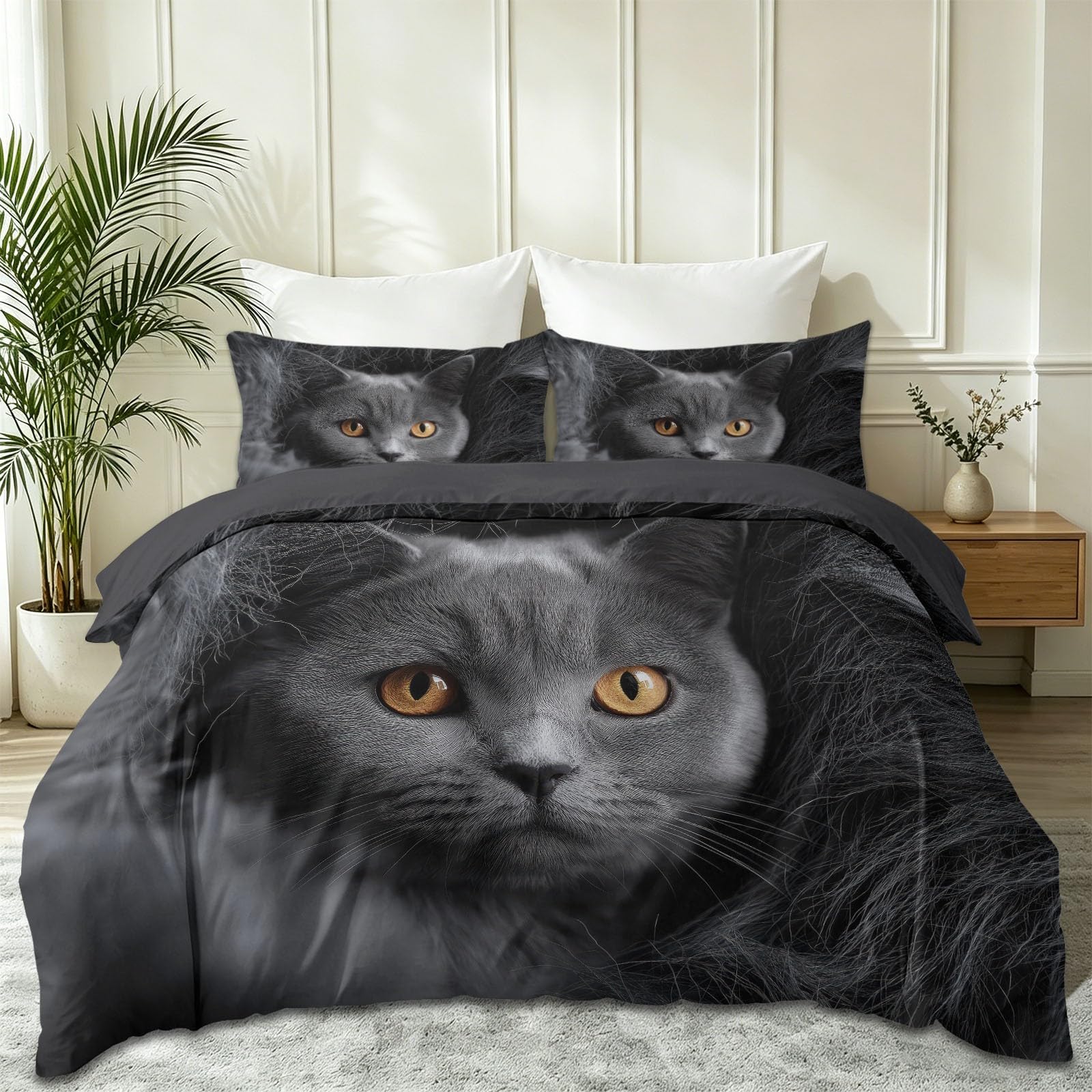 Housse de couette 220x240 chat gris parure de lit microfibre zippée