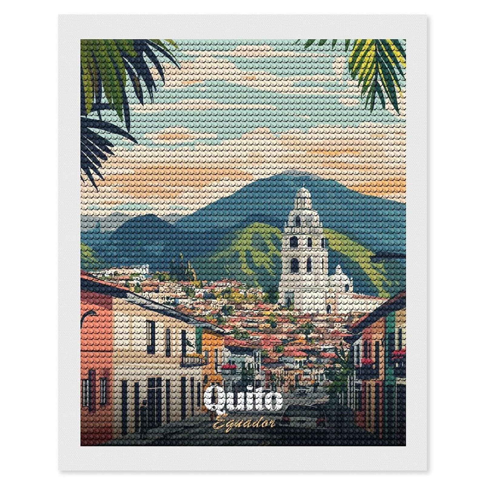 Junmoney Quito Ecuador Cityscape Illustration Diamond Art Kit 16"x20", for Beginners, Vintage Style Decor, Good for Quiet Evenings, Festive Craft Gift