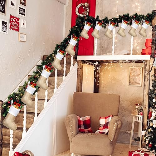 Miniatura 6 de Zhanmai 24 Piezas Medias de Arpillera de Navidad Sublimación Yute Natural Medias de Navidad para Colgar en Chimenea Navideña Decoración de Granja