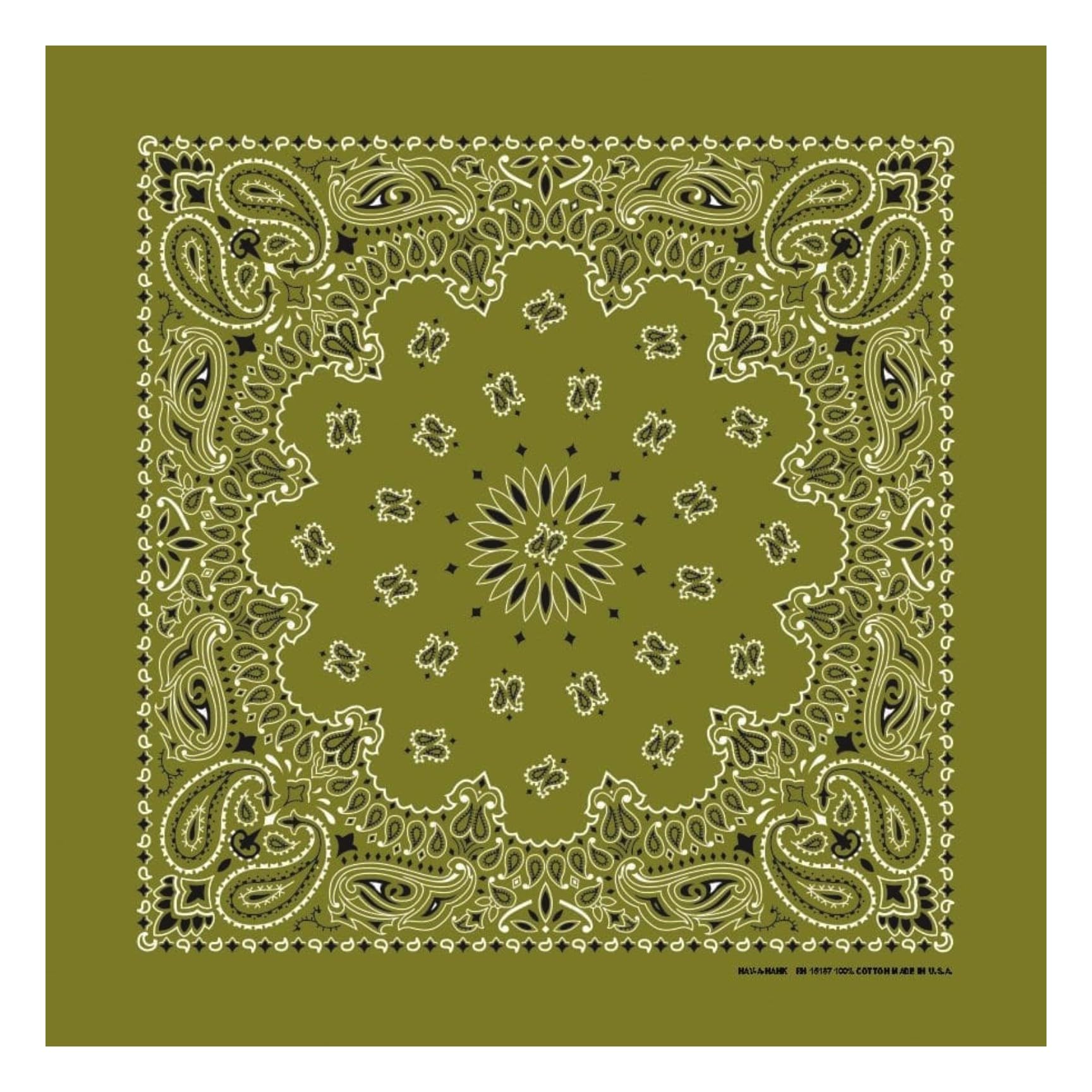 Olive Paisley Bandanna, 22x22, Made in USA, Great for Crafts, Camping, Riding, Hiking