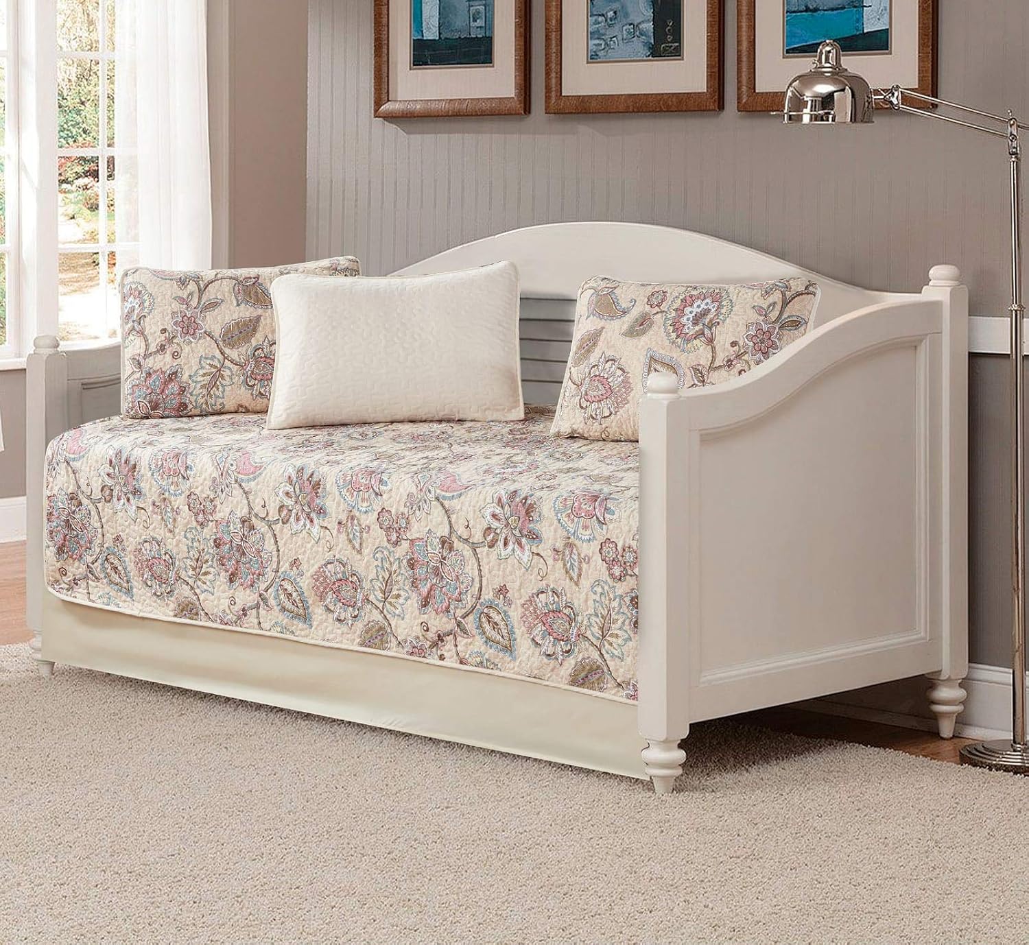Luxury Home Collection 5 Piece Daybed Quilted Reversible Coverlet Bedspread Set Floral Printed Beige Pink Blue #Hilton (Daybed)