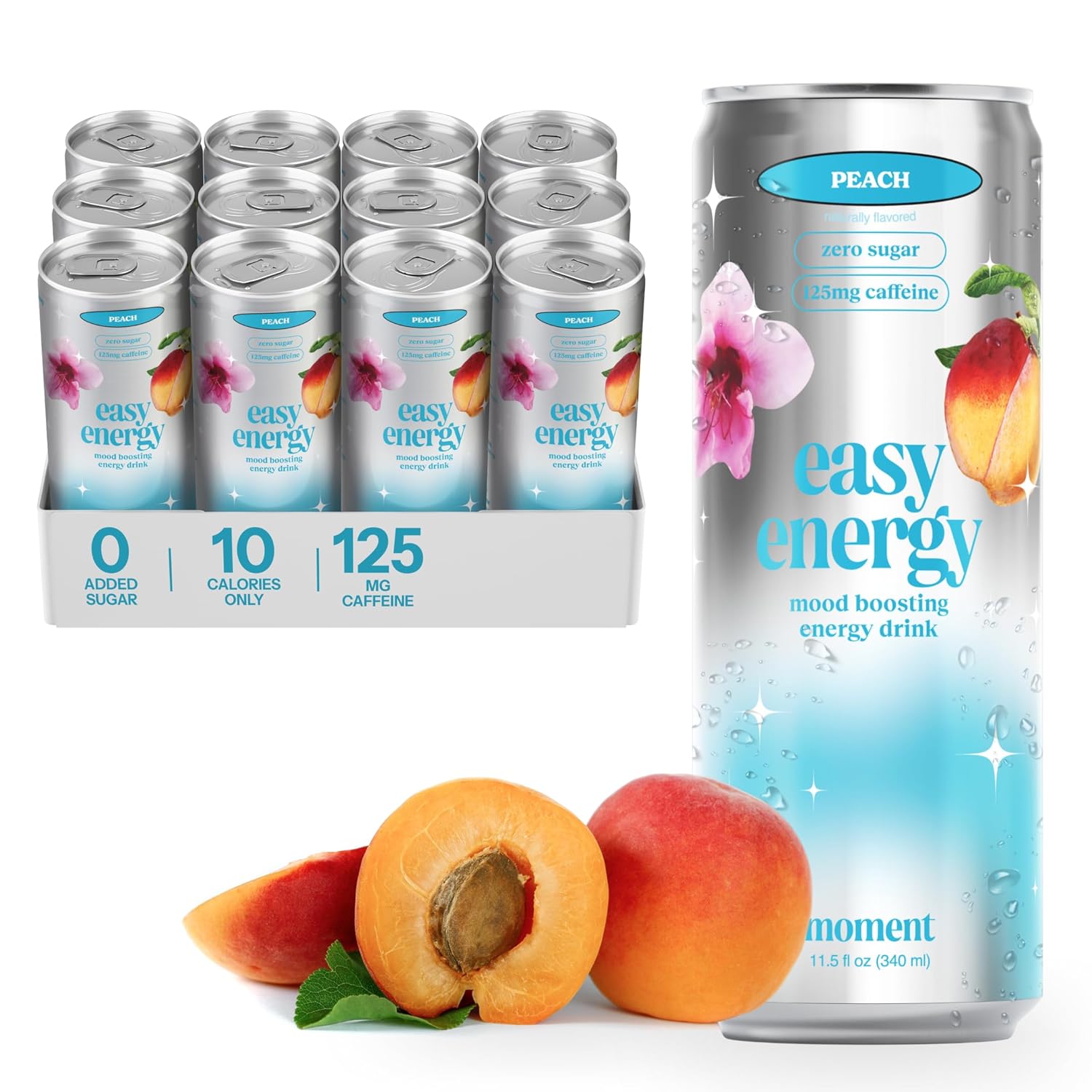 Easy Energy Drink (Peach) – Zero Sugar Sparkling Energy Drink with Natural Caffeine, Magnesium & Lion’s Mane – Clean Energy for Workouts & Busy Days – 12 Pack