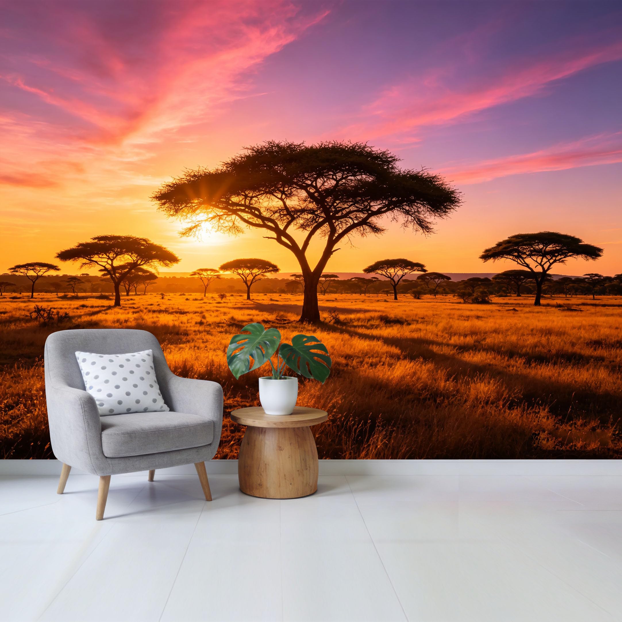 Qzlithotic Yq2605251123 Custom Size Wall Mural African Savannah Sunset Acacia Tree Landscape Silhouette Selfadhesive Wall Fabric Removable Wallpaper For Home Office Decor