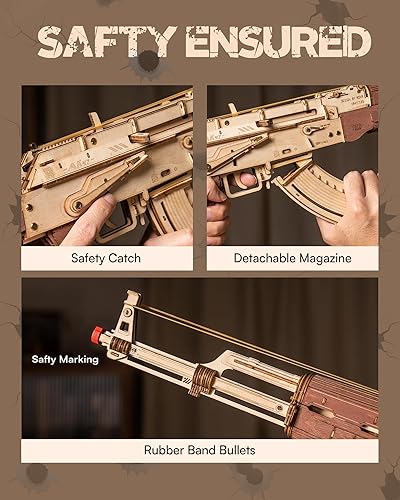 Miniatura 5 de ROKR Rompecabezas 3D para adultos, rompecabezas 3D de madera, modelo AK47, bandas de goma, juguetes de armas, kits de construcción, manualidades de
