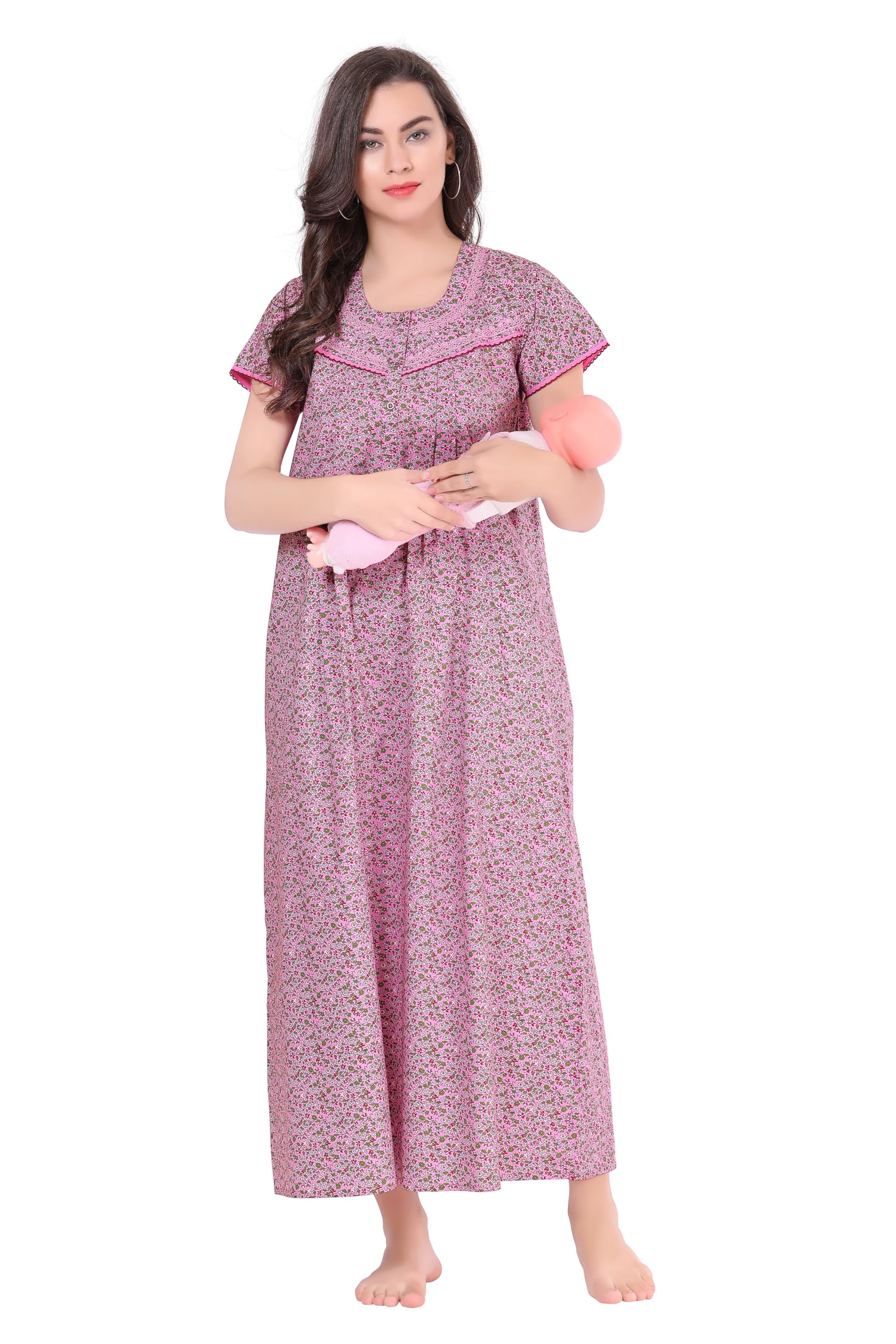 Women's Cotton Printed Maternity Feeding Knee Length Nighty -7267-image-1
