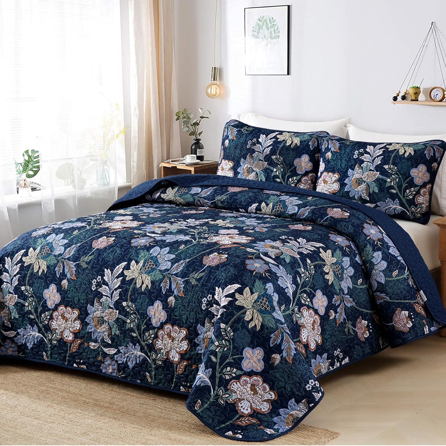 WONGS BEDDING Floral Quilt Set King Size, Navy Blue Botanical King Bedspread Bedding Sets, 3 Pieces Quilt Set with 2 Pillowcases,Soft Lightweight Microfiber Coverlet Set for All Season(104"X90") - Image 2