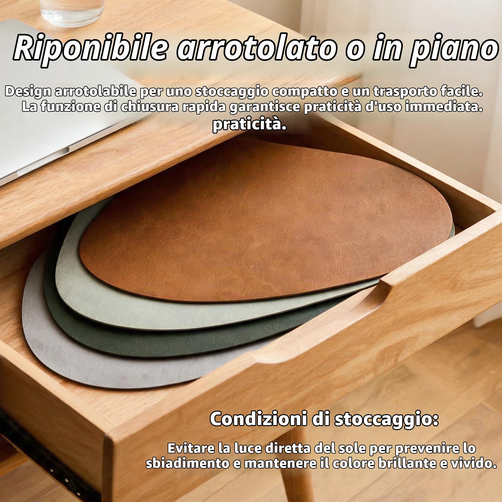 HaruYo Set di 6 Tovagliette in Pelle PU, Doppia Faccia, Lavabile | Forma a Goccia, Antimacchia, Resistente al Calore, Anti-Graffio, Impermeabile, Grigio chiaro e azzurro pallido