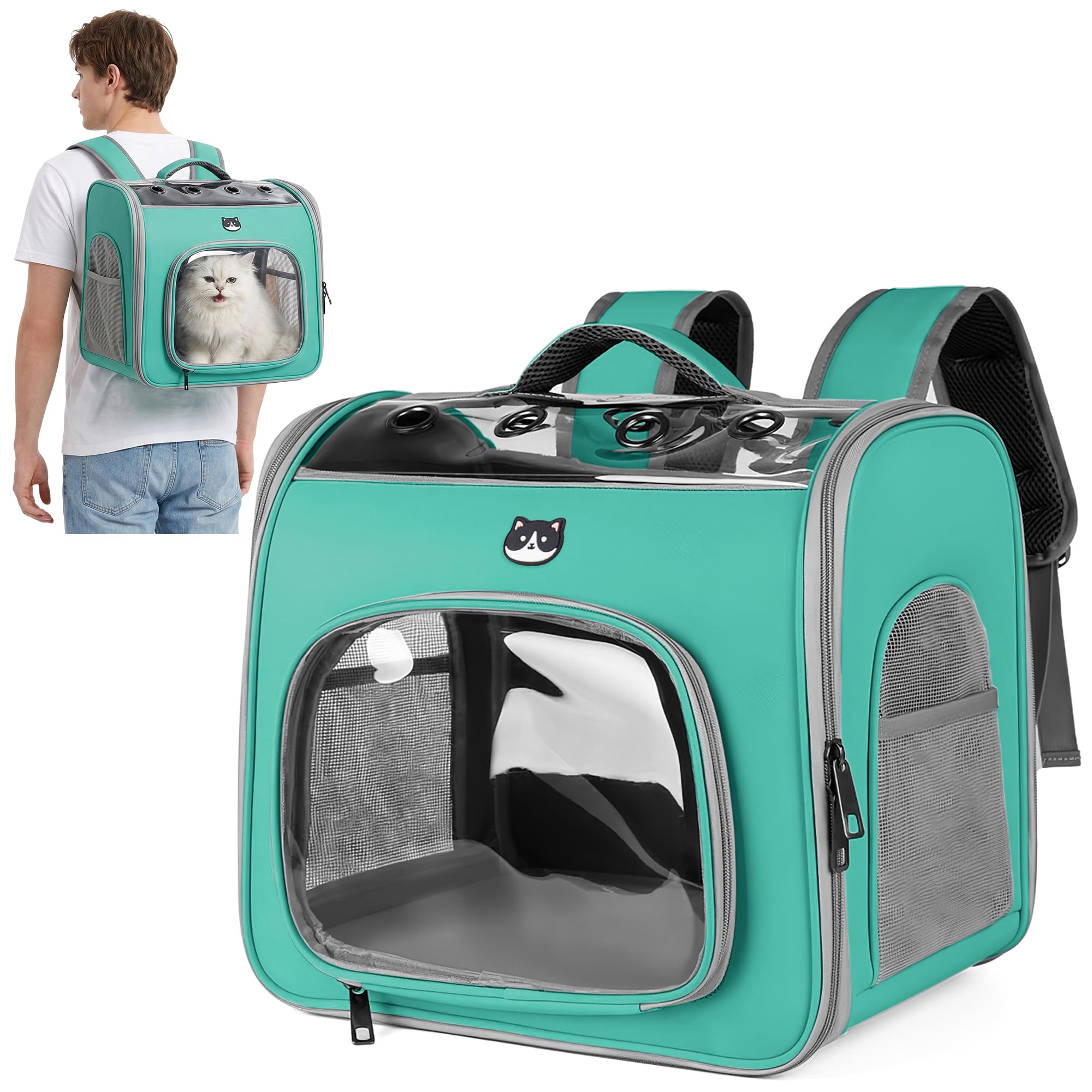 ALLSOPETS Foldable Cat Carrier Backpack with Bubble Window and Safety Hook, Breathable Pet Backpack for Small Dogs and Cats, Ideal for Travel Hiking Walking (Mint Green)