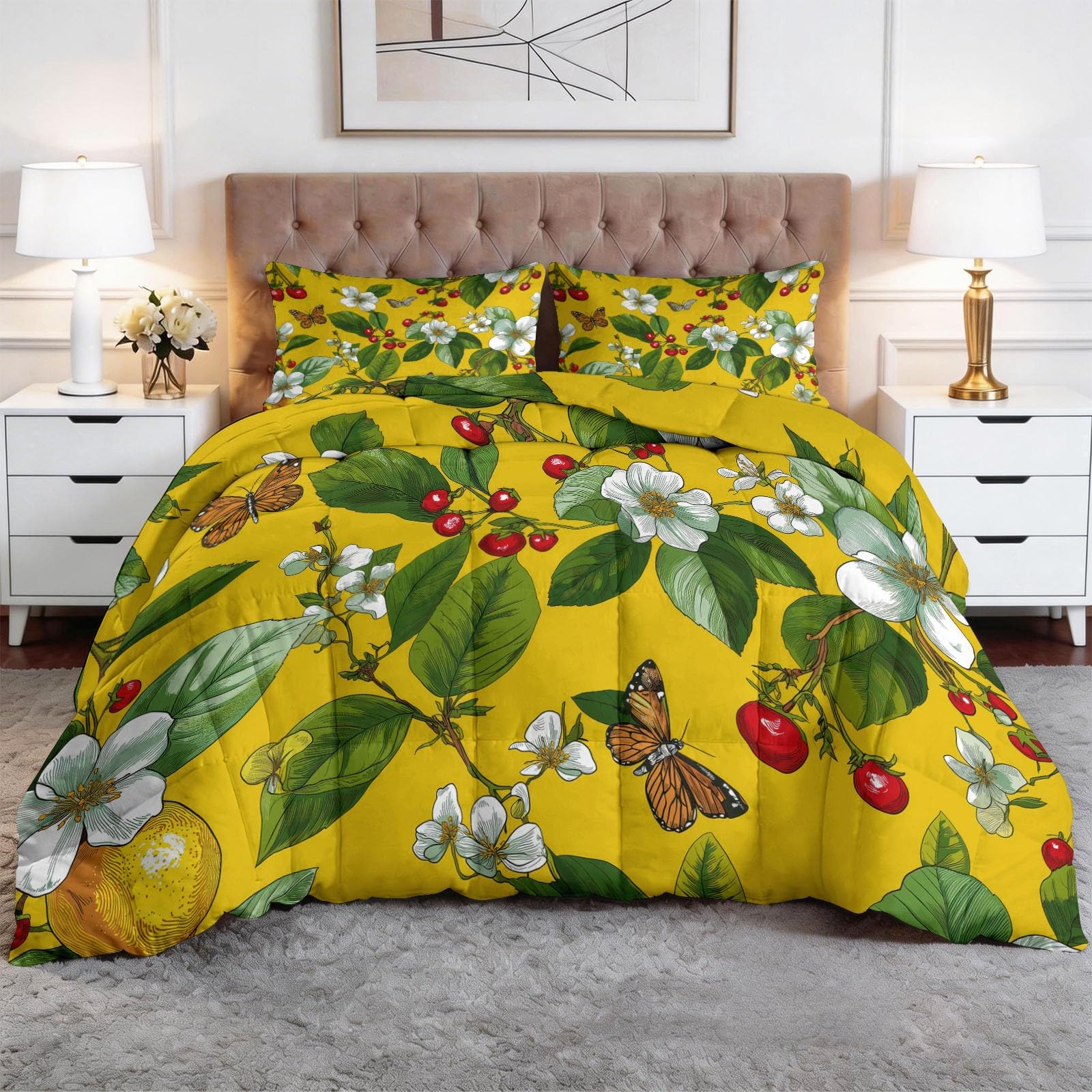 Marienkäfer Schmetterling Beeren Bettdecke 155 x 220 cm 4 Jahreszeiten Steppdecke, Tropischer Stil Waschbare Ganzjahresdecke Kinder Bettwaren Set Babyzimmer Kinderzimmer Bettdecke Ohne Bezug