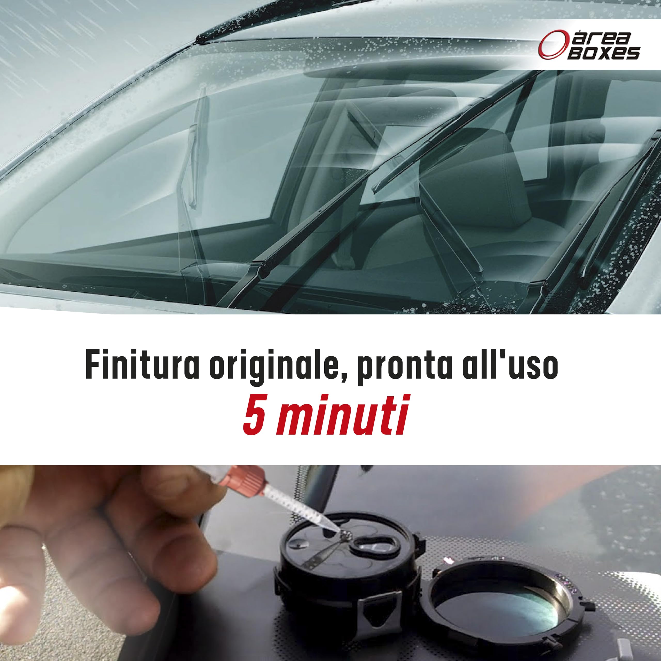 Gel adesivo per riutilizzare il sensore di pioggia di qualsiasi parabrezza/lunotto di qualsiasi auto. Silicone altamente trasparente. Bicomponente a presa rapida, non tossico. Finitura originale