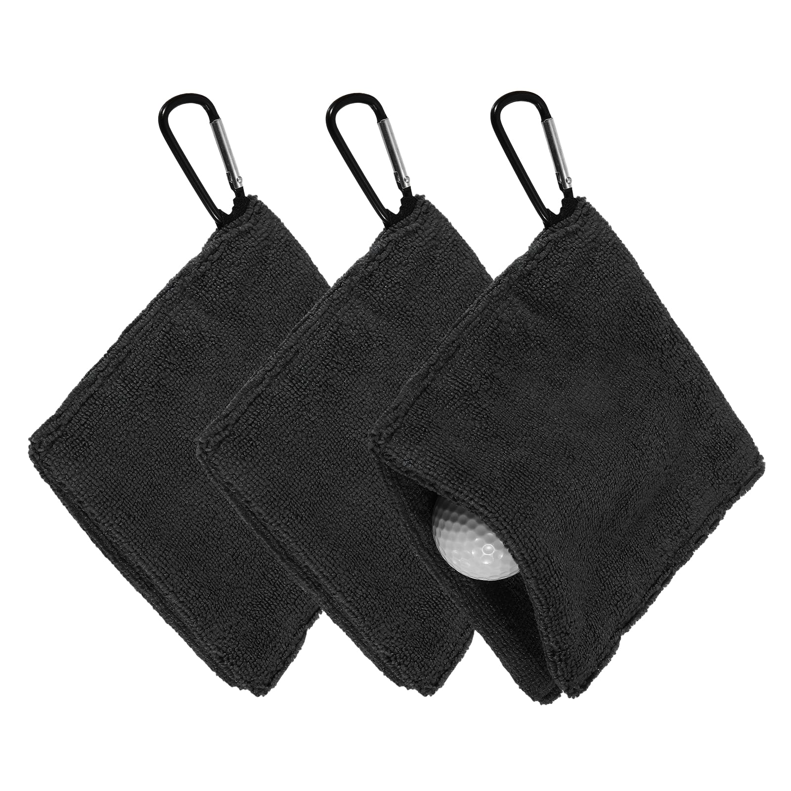 YELARXI Golf Ball Towel, 5.5 x 5.5 Inch Microfiber Small Golf Towel for Pocket with D Clip, 3 Pack & Black - Fitting For(Carts/Clubs/Bags/Course Exercise)