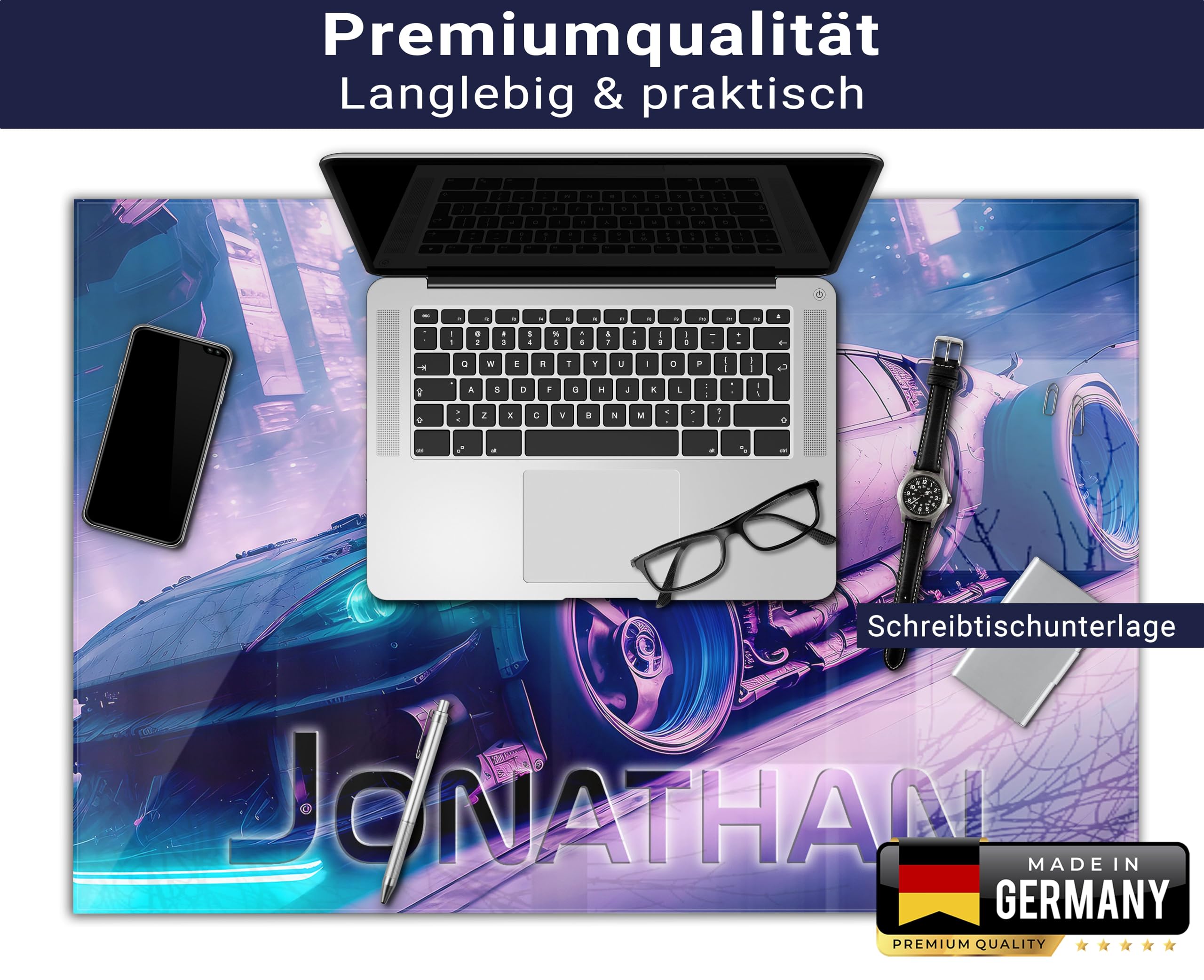 Gaming Schreibtischunterlage personalisiert mit Namen | 80 x 60 cm Rennwagen | wasserfeste Schreibunterlage, abwischbar, hochwertiges Acrylglas, Gamer Teenager Kunststoff