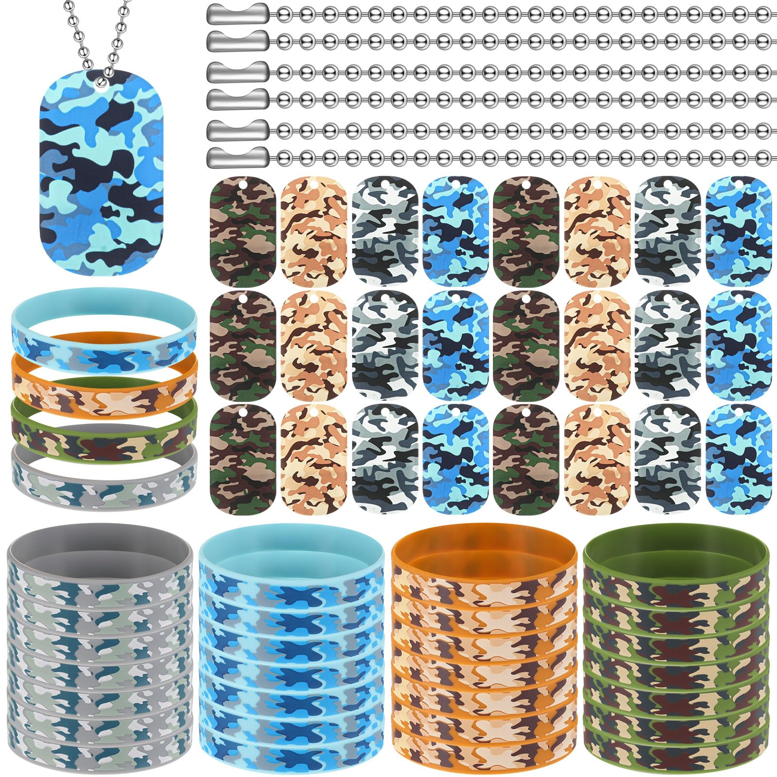 Inbagi 90 Pcs Camouflage Military Dog Tags Set Including 30 Camouflage Acrylic Military Dog Tags 30 Camouflage Rubber Wristbands 30 Steel Chain for