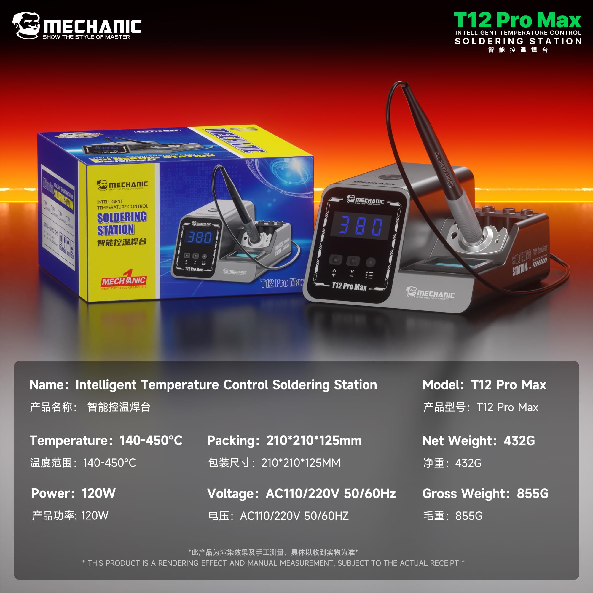 Mechanic T12 Pro Max - Estación de soldadura inteligente de 140 a 450 °C, calentamiento rápido, mango T12, apagado automático para reparación de placa base de teléfono