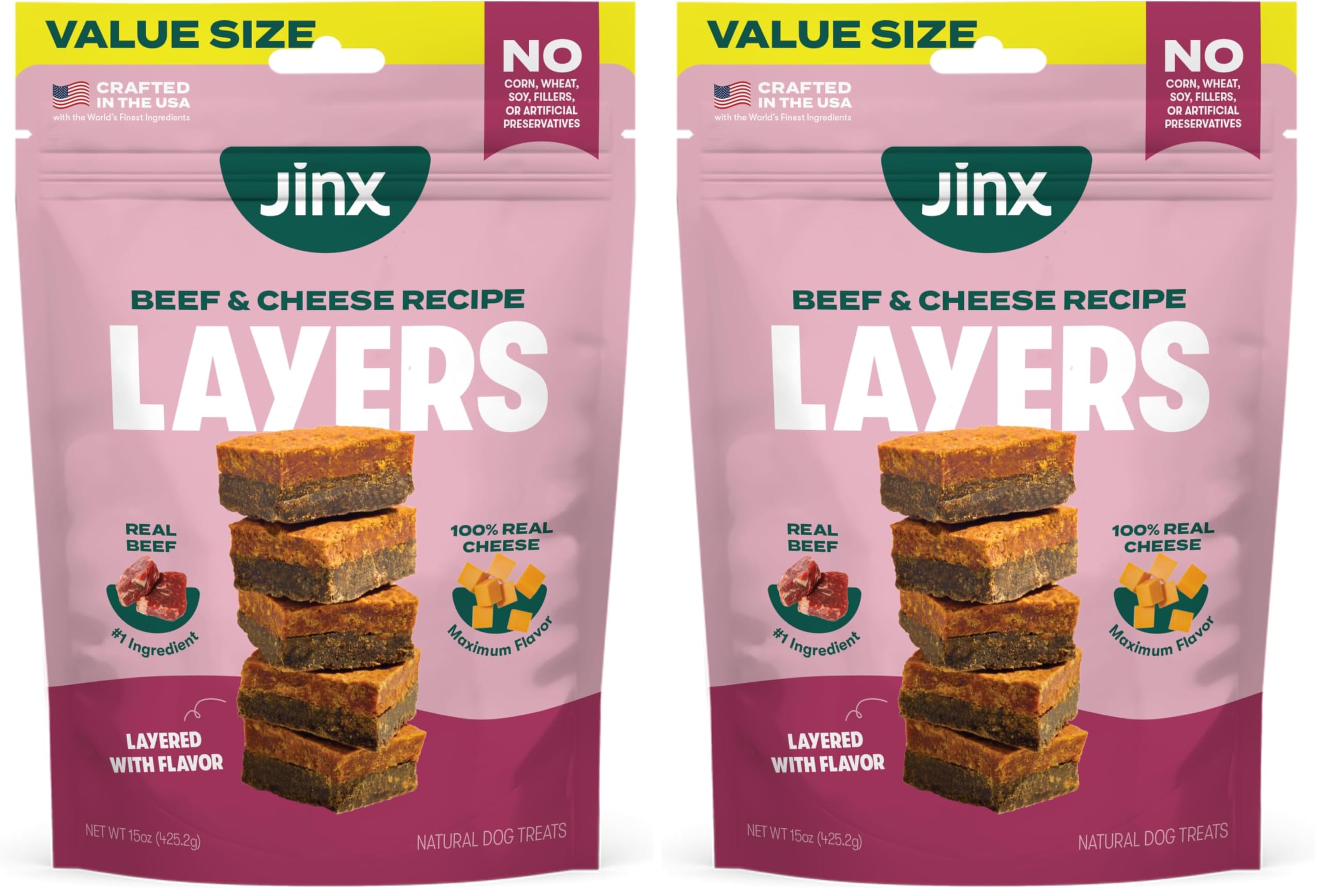 Jinx Beef & Cheese Layers Jerky Dog Treats - Crunchy, All Natural Dog Jerky Treats with Grass-Fed Beef & Cheese - Pet Products for All Dogs (Puppies, Adults & Seniors) - 15oz (Pack of 2)