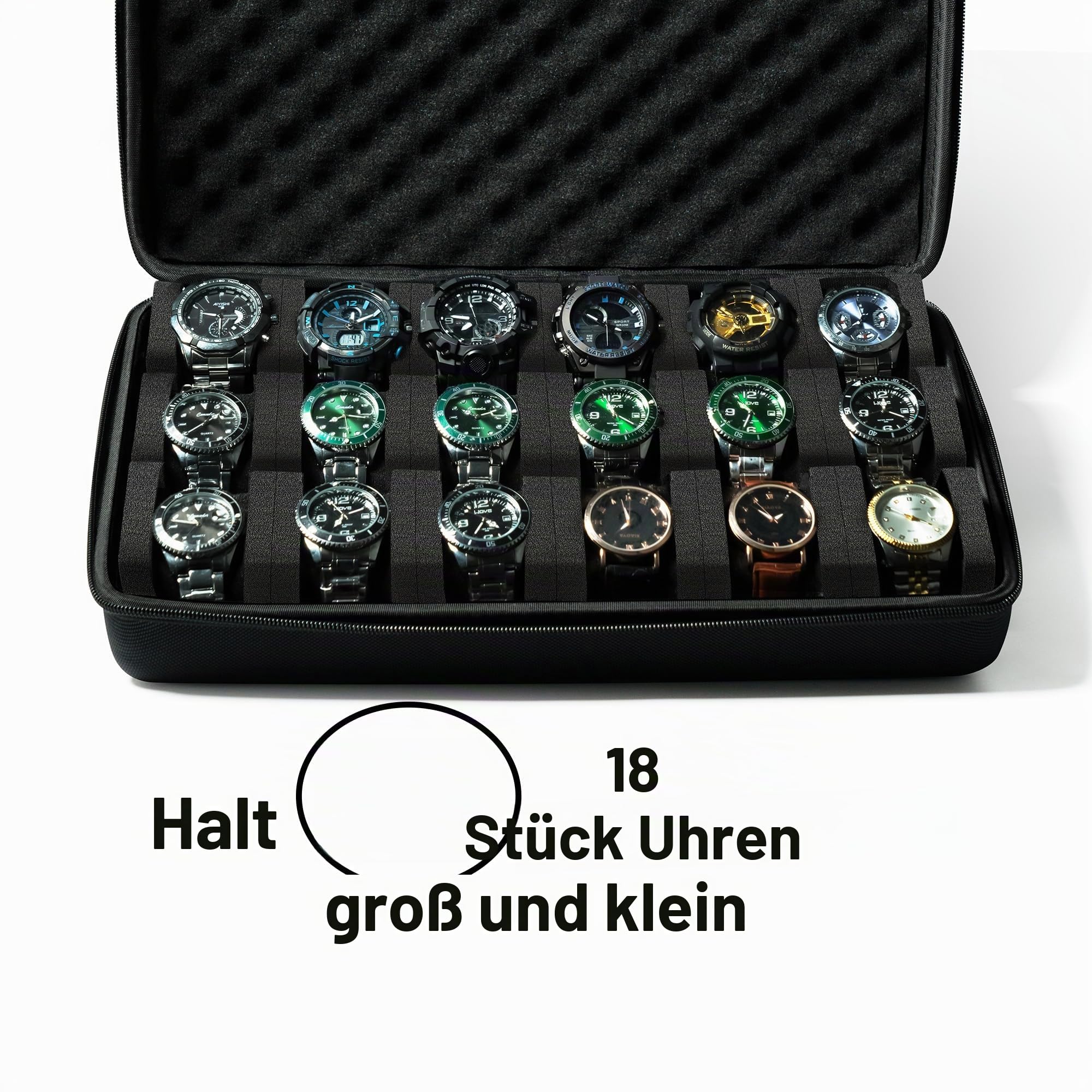 Hartschalenkoffer für Reisen und Aufbewahrung, Aufbewahrungsbox für Uhren zur Präsentation und Organisation (gepolsterte 18 Fächer)