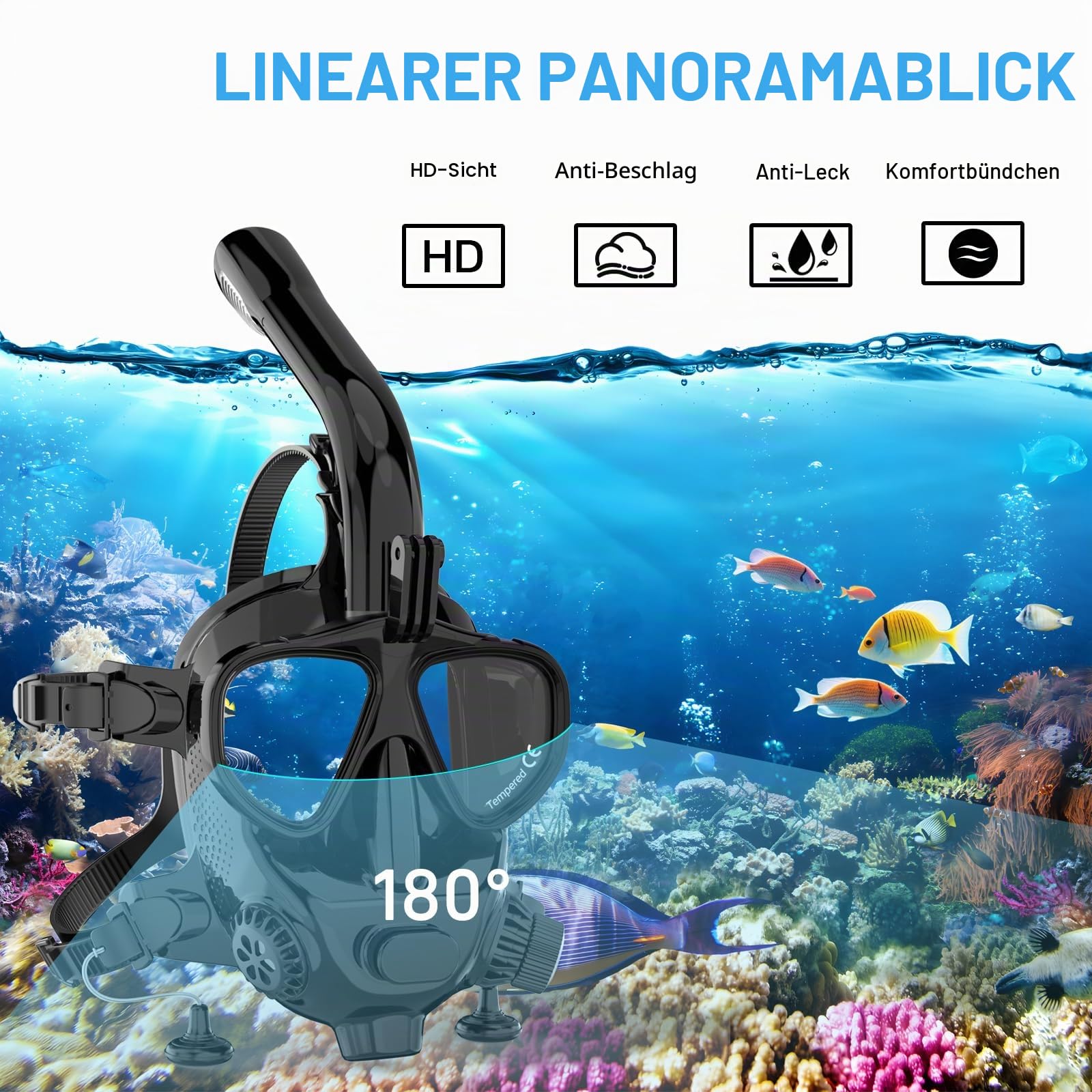 SMACO Vollgesichts Tauchmaske unterstützt Tauchen und Schnorcheln Verstellbare Tauchmaske mit Kamerahalterung, bietet 180°-Panoramablick, kompatibel mit SMACO 1L/1,9L Mini-Tauchflaschen