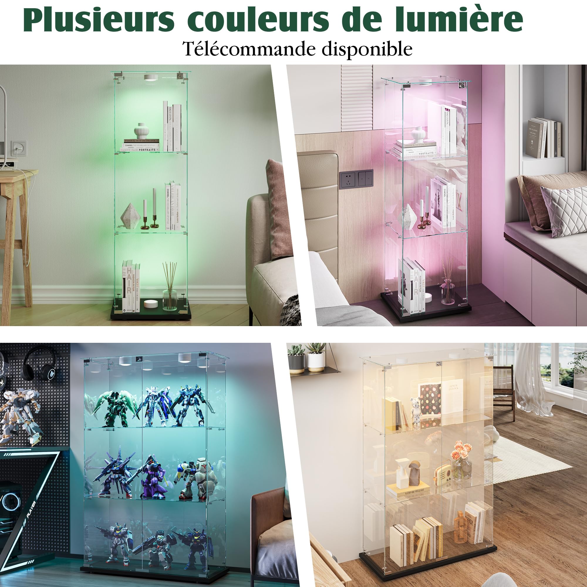 DULRLLY escaparate para colección, vitrina de cristal con LED y cerradura, armario de colección moderno con 3 estantes y 2 puertas, transparente armadura escaparate (negro+tira LED, 3 pisos+1 puerta)