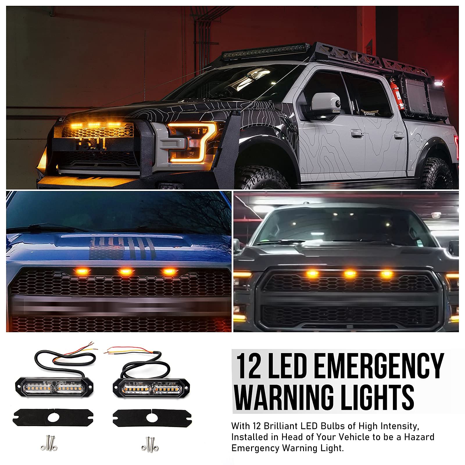 OPP ULITE Lot de 2 feux stroboscopiques à 12 LED - Lumière d'avertissement latérale ambre - Lumière stroboscopique - Lumière universelle pour camion, voiture, van, caravane, camping-car (PZ-02-24 V)