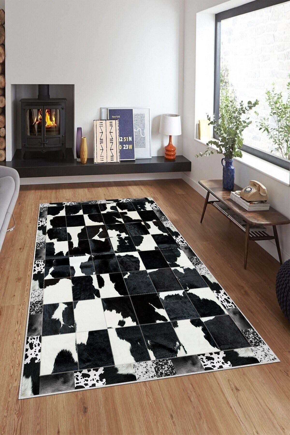 Pelangi Gri Dana Desenli Pacthwork Yıkanabilir Kaymaz Taban Leke Tutmaz Modern Salon Halısı Ve Yolluk, Siyah-Beyaz 100 x 200, 135801810020005