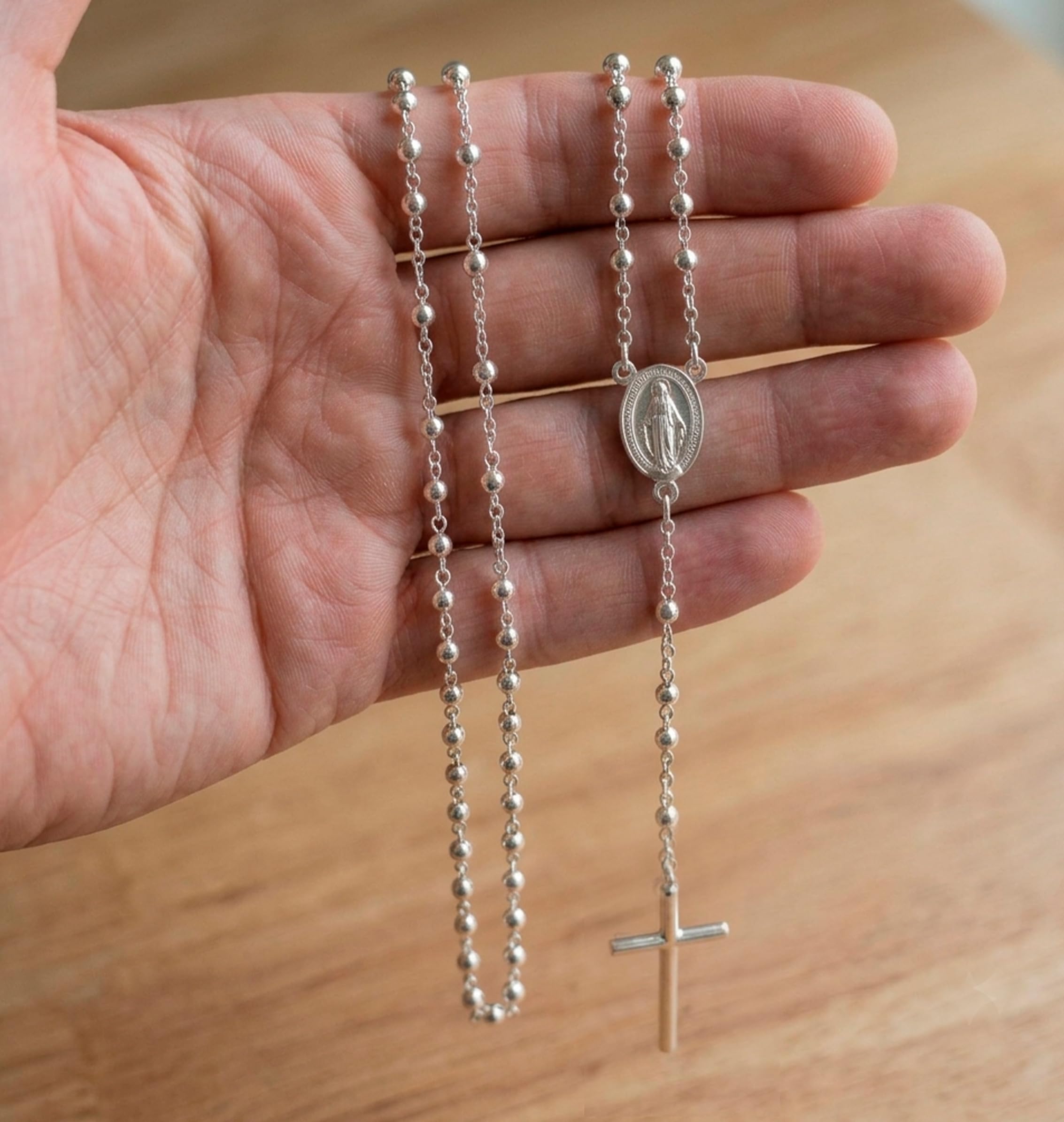 Only faith Prawdziwy srebrny różaniec 925 z medalem y i krzyża 60 cm religijny naszyjnik Katolicka biżuteria z koralikami