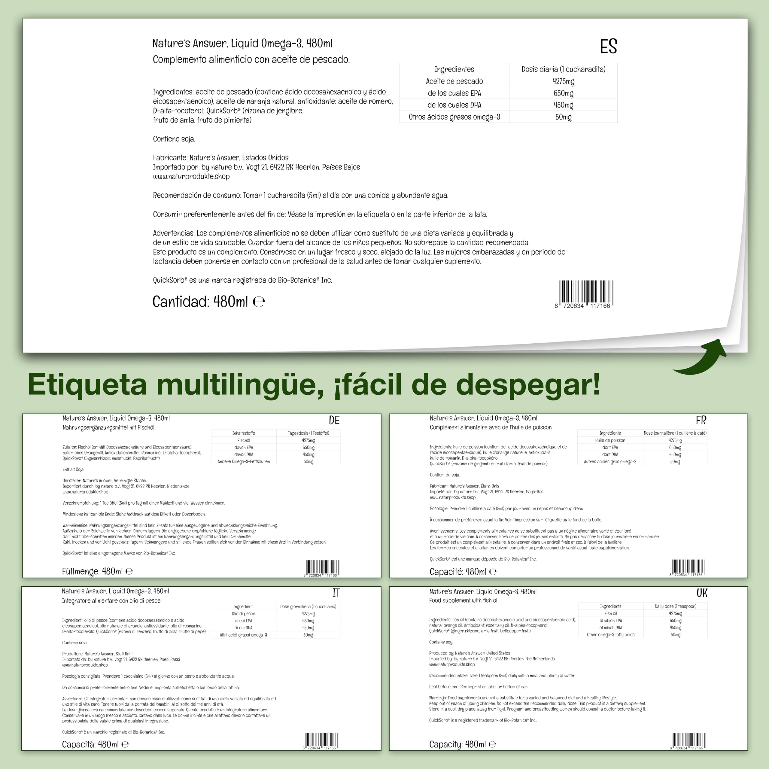Nature's Answer, Liquid Omega-3 (Omega-3 Líquido), con EPA y DHA, Alta Dosis, 480ml, Probado en Laboratorio, Sin Gluten, Sin OGM