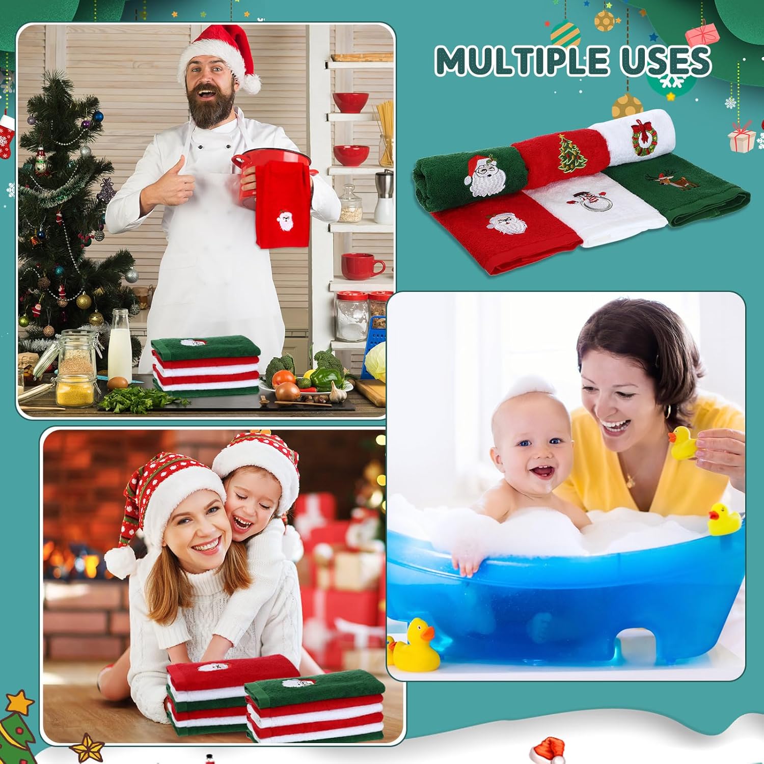 18 Pieces Christmas Hand Towels for Bathroom Kitchen - Embroidered Santa, Reindeer, Snowman, Tree Dish Towels - Soft Green, Red, White Fabric Decorative Towels Gift Set