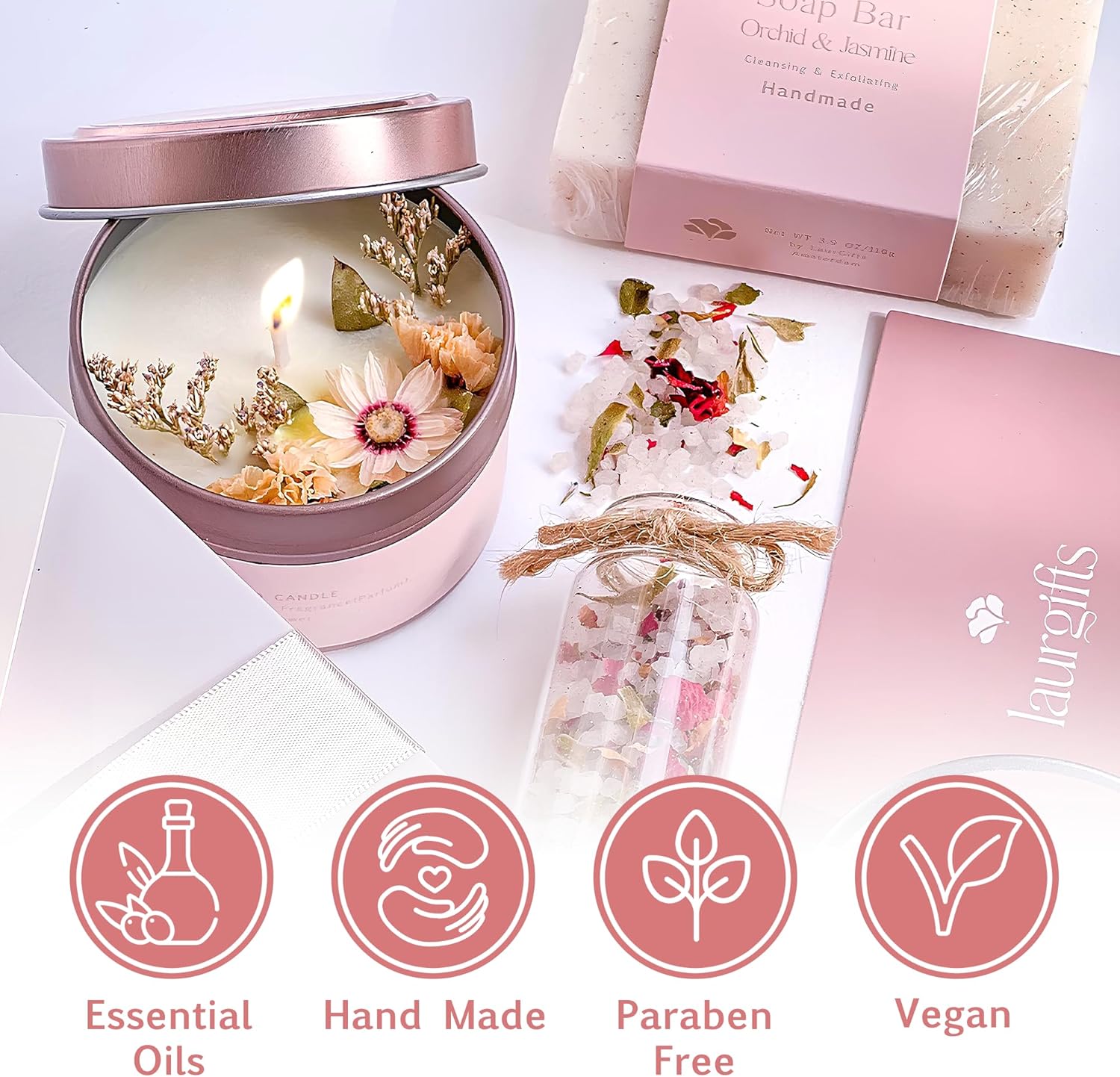 Birthday Gifts for Women – Luxury Candle Set & Bath Sets Spa Basket, Small Orchid & Jasmine Self Care Box, Gift Basket for Mom, Wife or Friend - Image 4