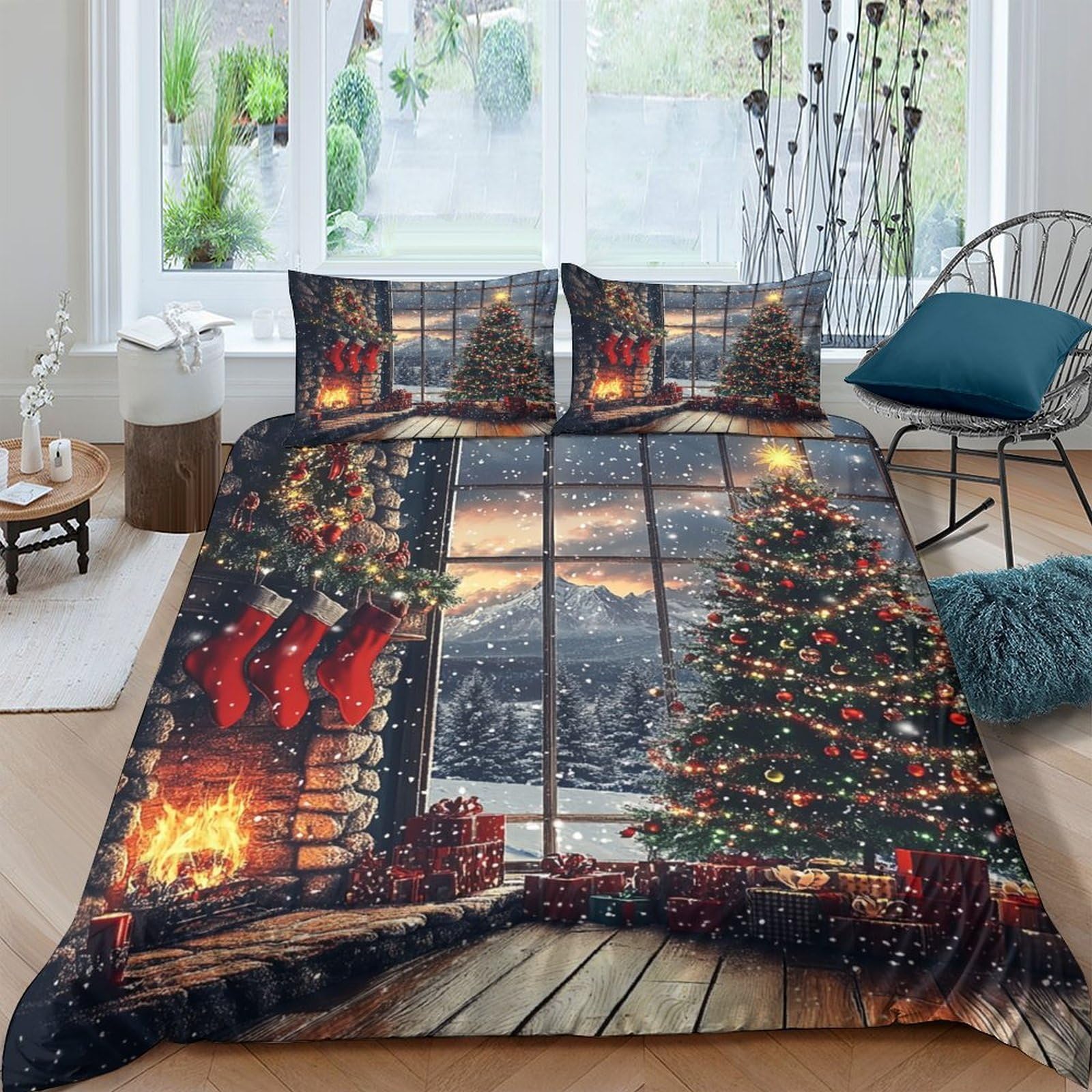 Ctjqhvkz Style-8 3D Printed Christmas Fireplace Fitted Sheet Microfiber Soft Festive Tree Bed Cover For Bedroom Guest Room Decor Single（135X200cm）
