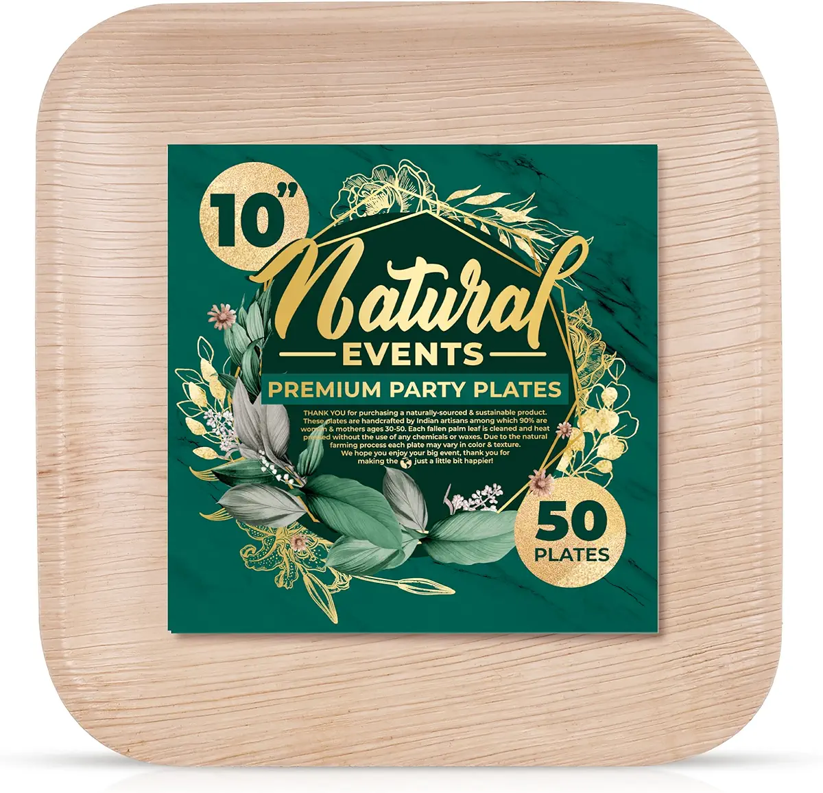 Natural Events 10&#34; Premium Palm Leaf Plates - Disposable Dinnerware Party Set for Main Entree Dishes, Heavy Duty Bamboo Wood, 100% Compostable, Biodegradable &amp; Eco-Friendly (10 Inch Square, 50 Pack)