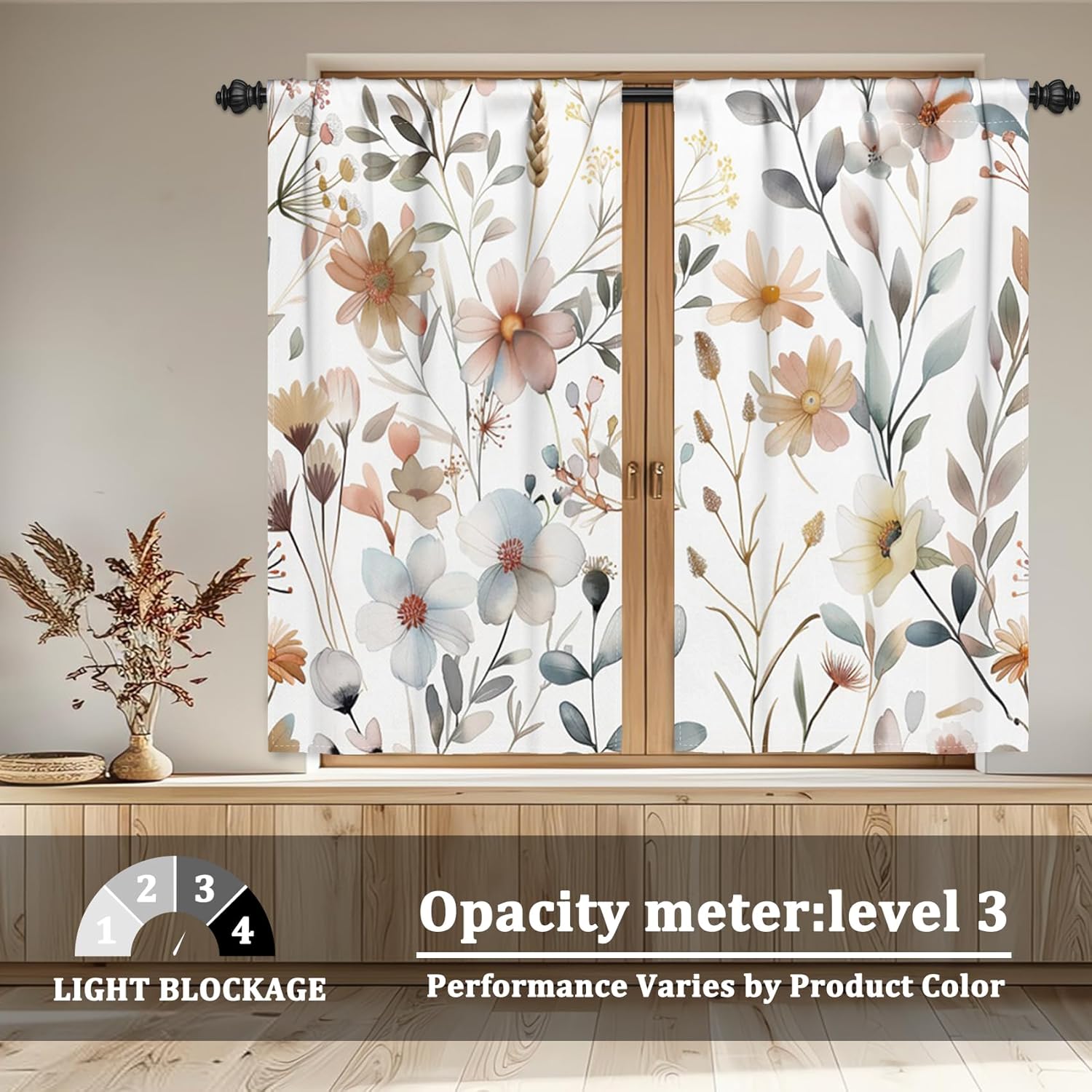 Renaiss 26 x 63 Inch Floral Blackout Curtains for Bedroom Living Room Thermal Insulated Curtains Room Darkening Curtains Printed Flower Leaf Rod Pocket Window Treatment Drapes Linen 2 Panels