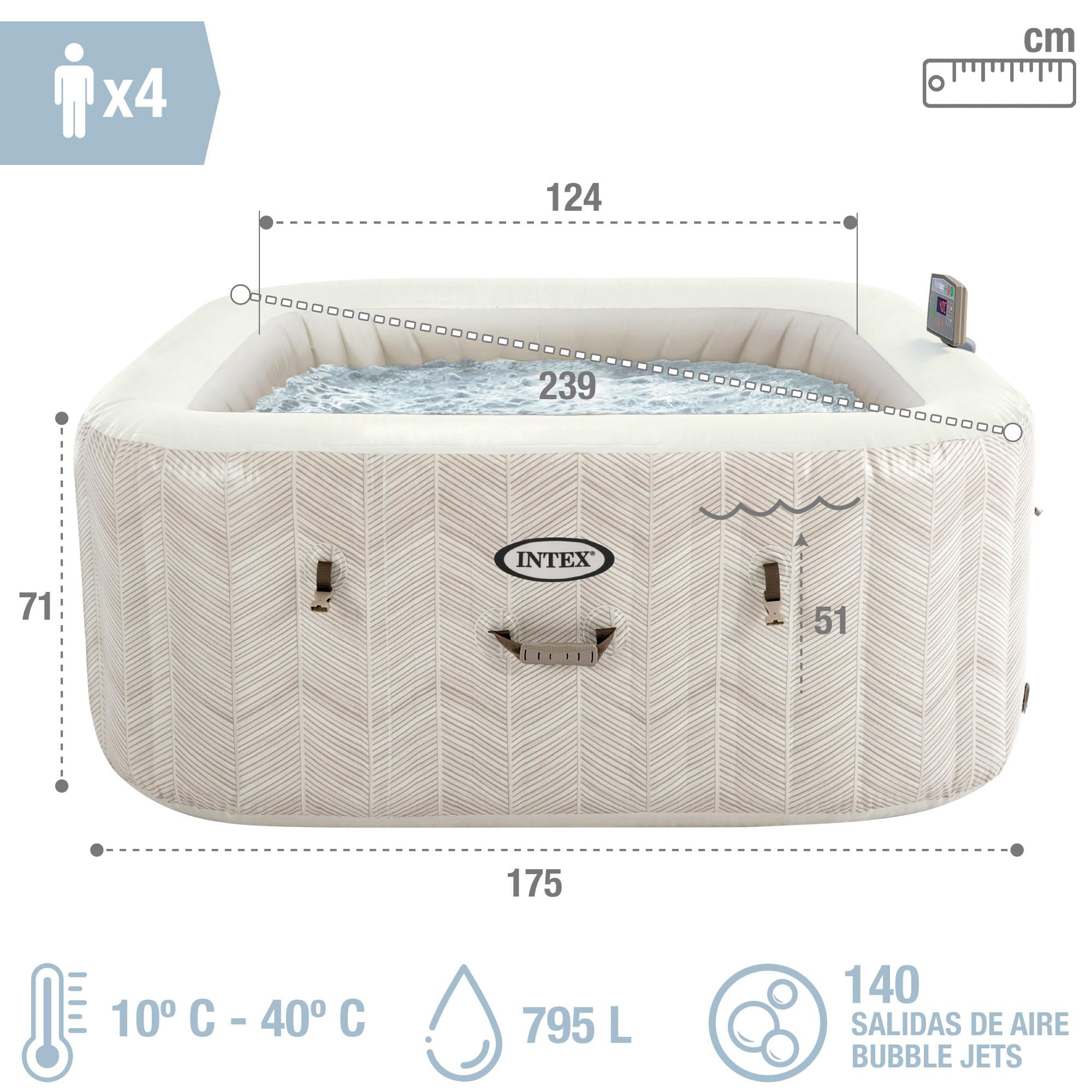 Intex SPA Hinchable Cuadrado Chevron Deluxe 4 Personas, 175x175x71 cm, Calentador 2.200 W, Burbujas Aire Caliente, Clorador salino, Depuradora con Filtro S2 (1.741 l/h), Accesorios incluidos (55092)