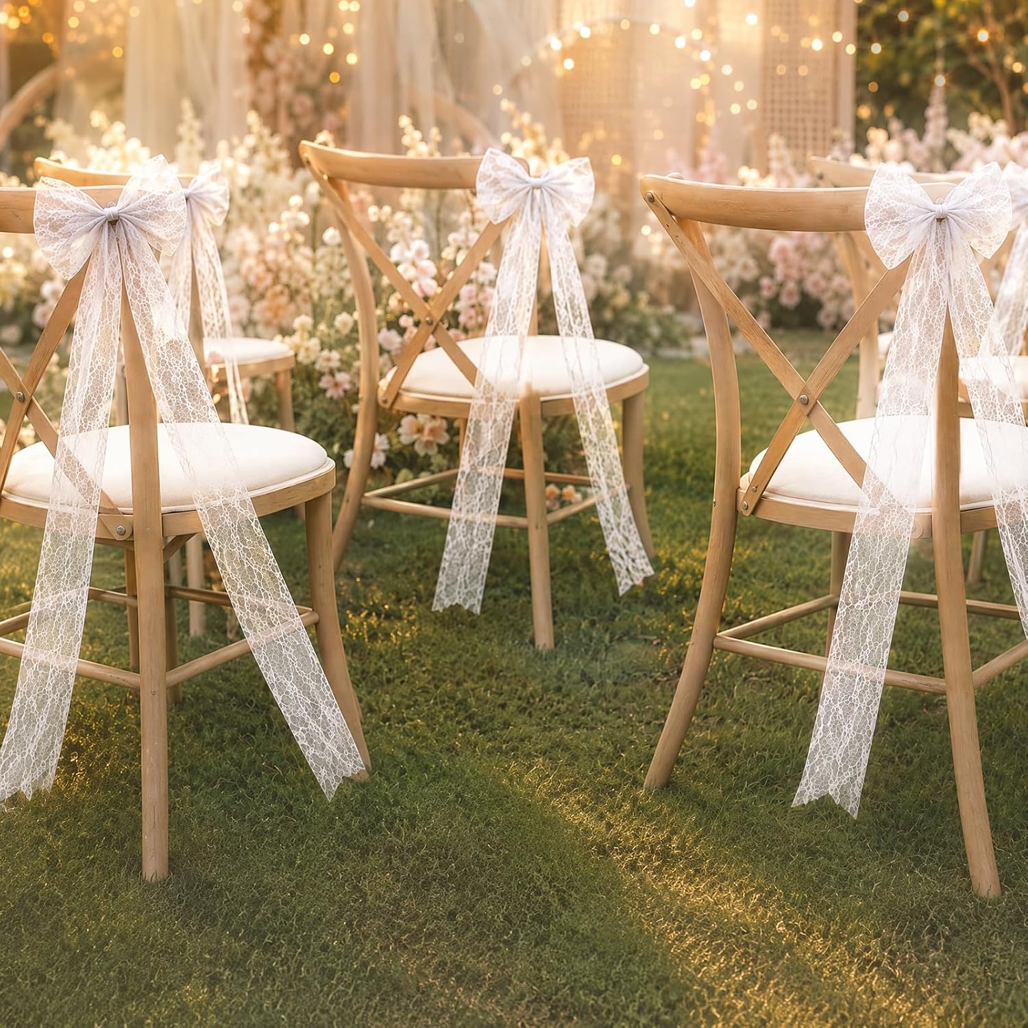 24Pcs Large Lace Wedding Bows for Wedding Aisle Chairs Decoration, White
