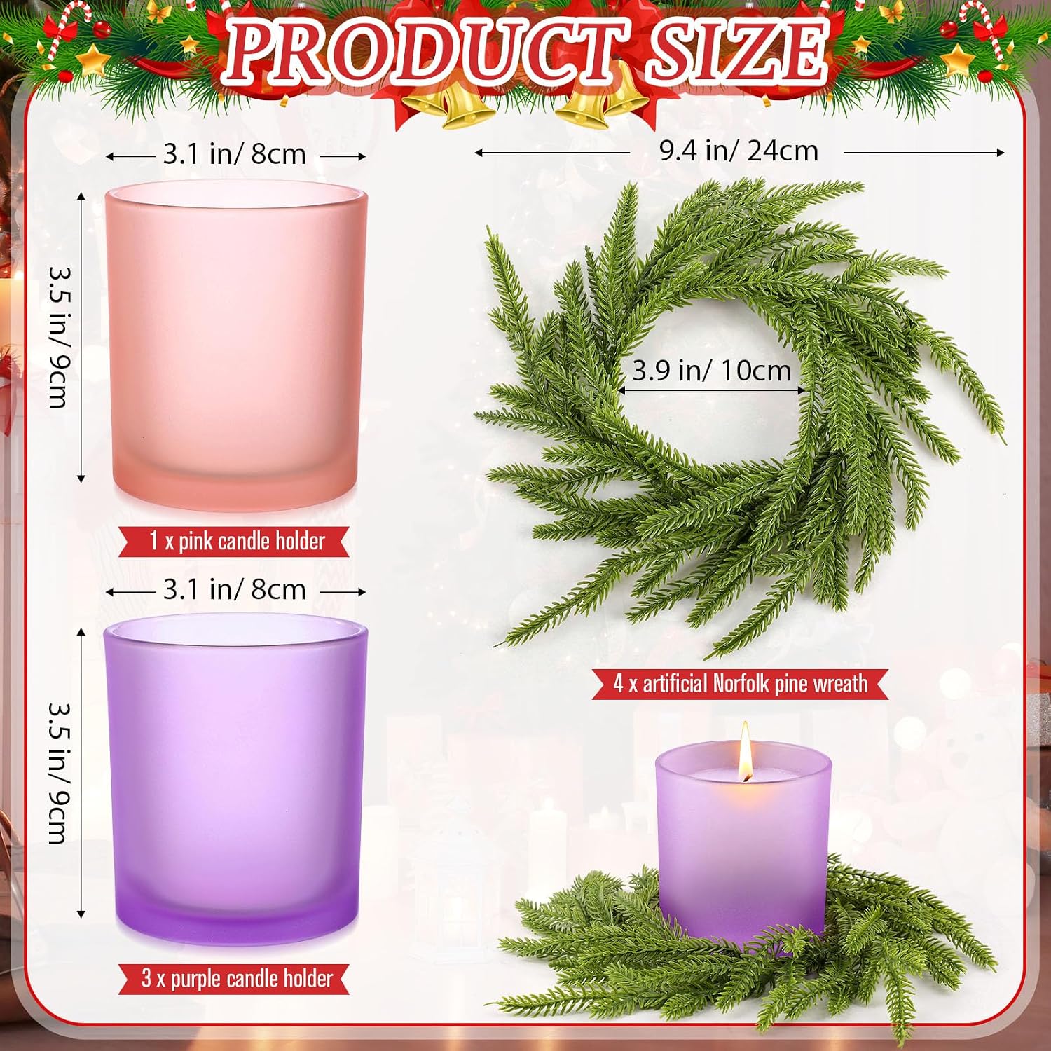 Pickmesh 4 Pcs Christmas Advent Candle Holder with Wreath Catholic Nativity Scene Glass Votive Tealight Candle Holders Purple and Pink for Holiday Xmas Centerpiece Church Home Decor (Frosted)