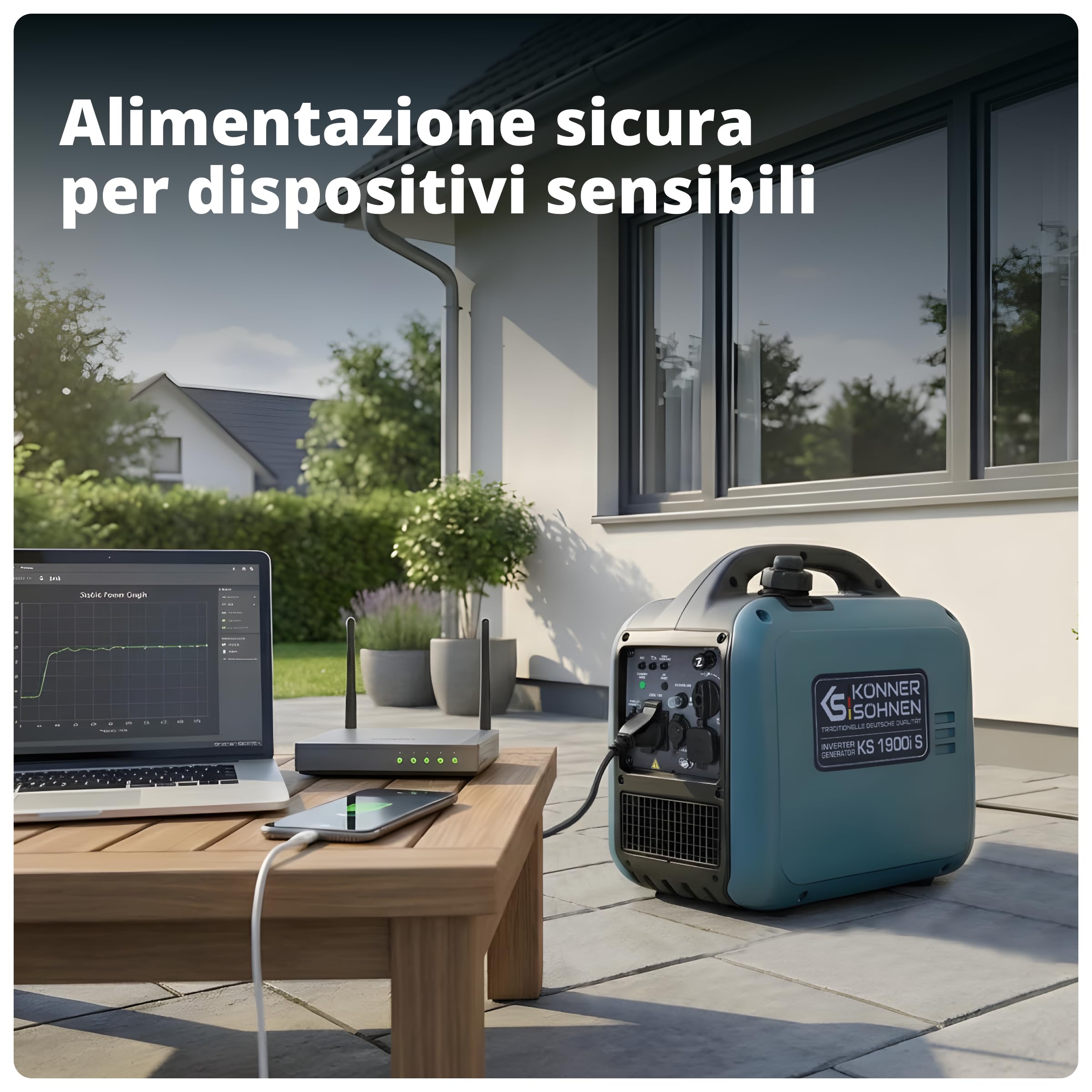 K&S Könner&Söhnen KS 1900i S Generatore Inverter 2,0 kW, generatore di corrente inverter con involucro insonorizzato, gruppo elettrogeno a benzina con avvolgimento in rame, generatore inverter 2 USB