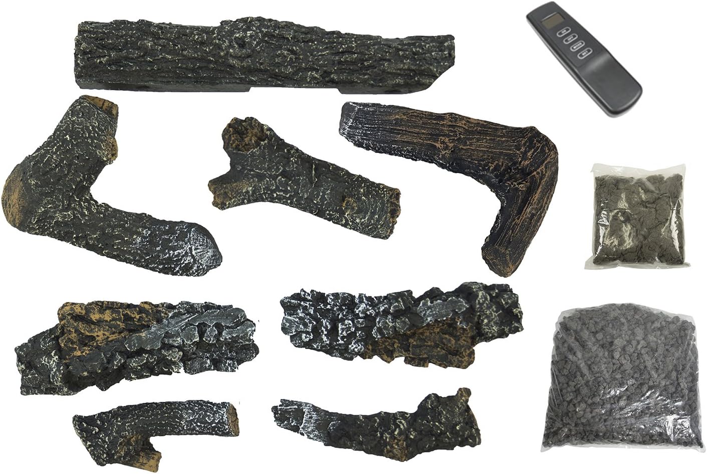 All components of the gas log set laid out, including various sizes of logs, a remote control, and bags of lava rock and ember fibers.