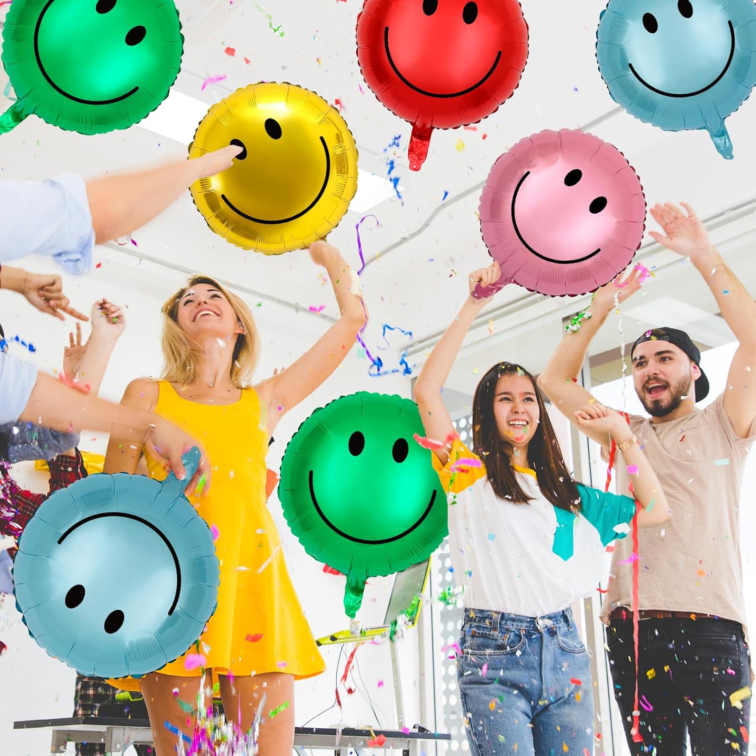 JarThenaAMCS 20Pcs Smile Face Foil Balloons Assorted Colors Smile Balloons Round Metallic Party Balloons for Birthday Wedding Anniversary Bachelorette Baby Shower Decorations, 5 Colors