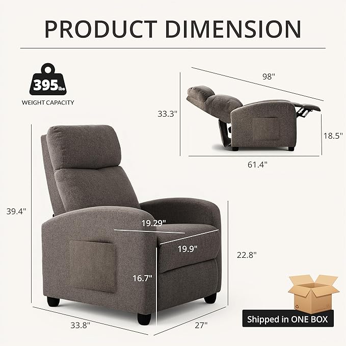 Sillón Reclinable Moderno, Tela Lino Gris, Respaldo Alto miniatura 2