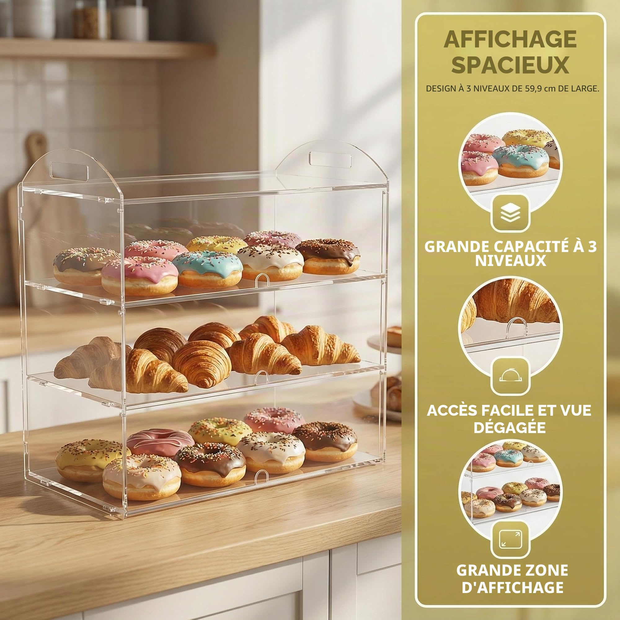 Vitrine commerciale à 3 niveaux avec poignée, 49,5 x 38 x 26 cm, présentoir pour comptoir, pâtisserie, nourriture, pâtisserie, pain, dessert, biscuits