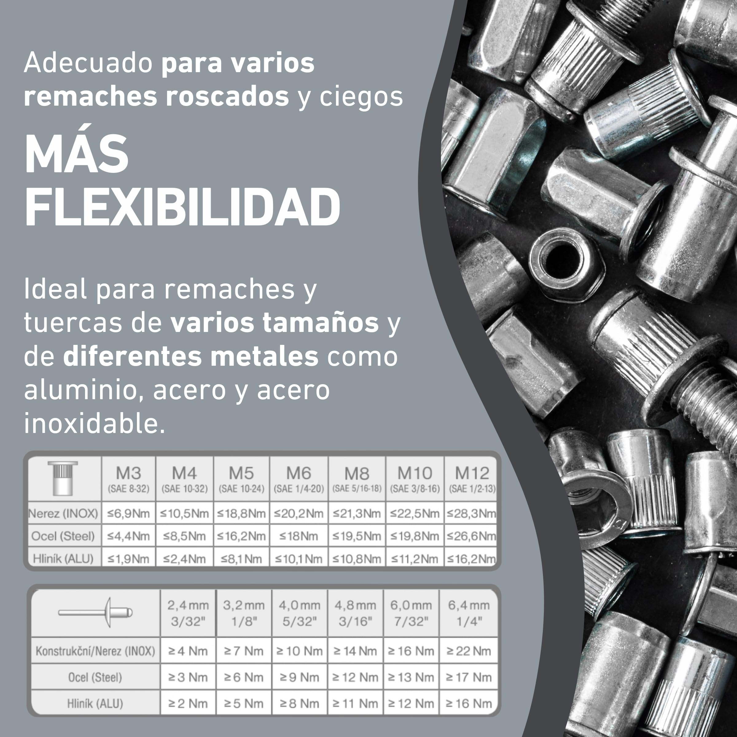 Adaptador 2 en 1 para Remachadora para Taladro y Atornillador | Para Remaches Ciegos y Tuercas Remachadas de Aluminio, Acero y Acero Inoxidable | Remaches 2,4-6,4 mm + Tuercas Remachadas M3-M12