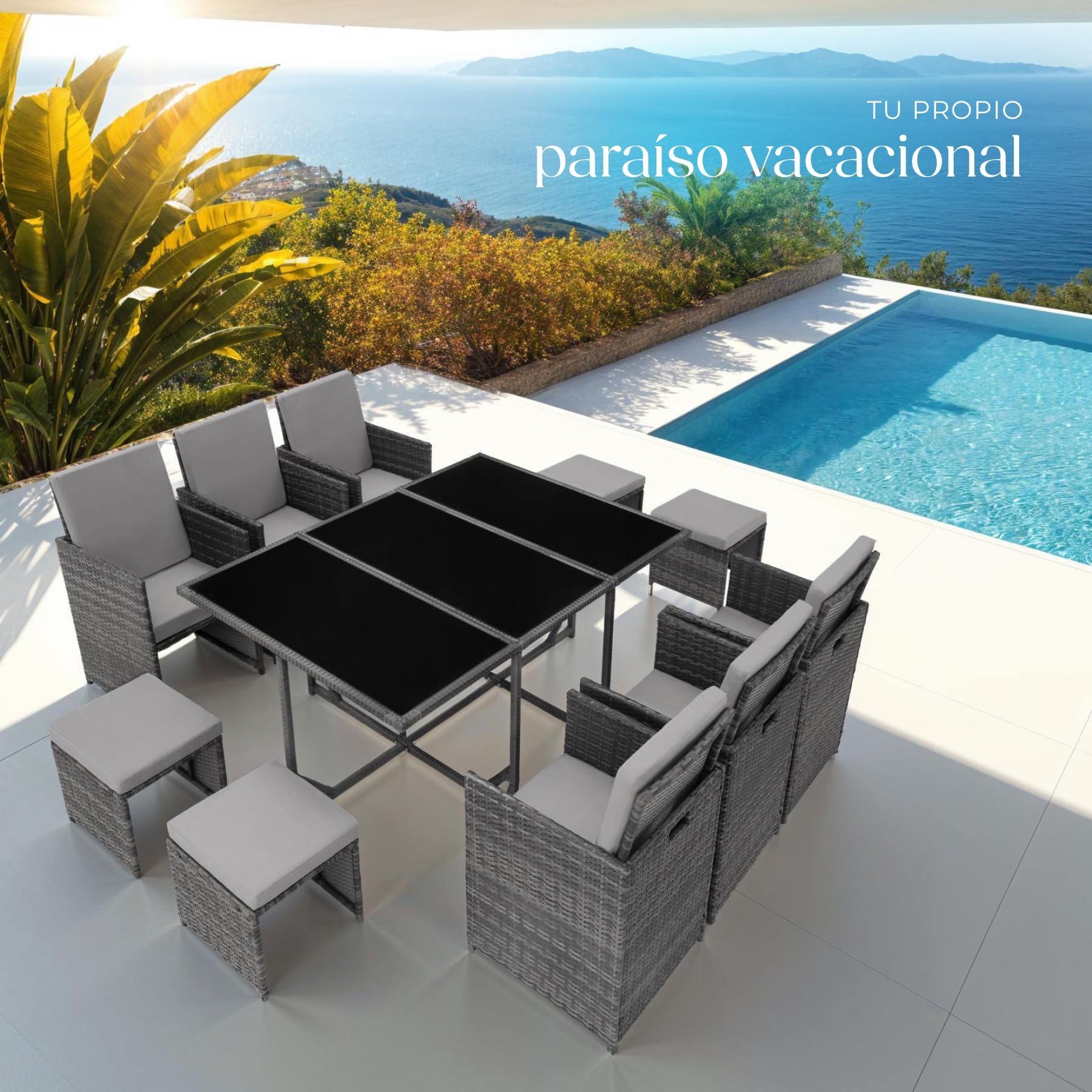 tectake® Conjunto Jardín Exterior de Ratán y Acero, Agrupable en Cubo, Muebles Jardín Exterior Resistente a la Intemperie, para 6-10 Personas, Fundas Extraíbles y Funda Protectora - Gris Claro