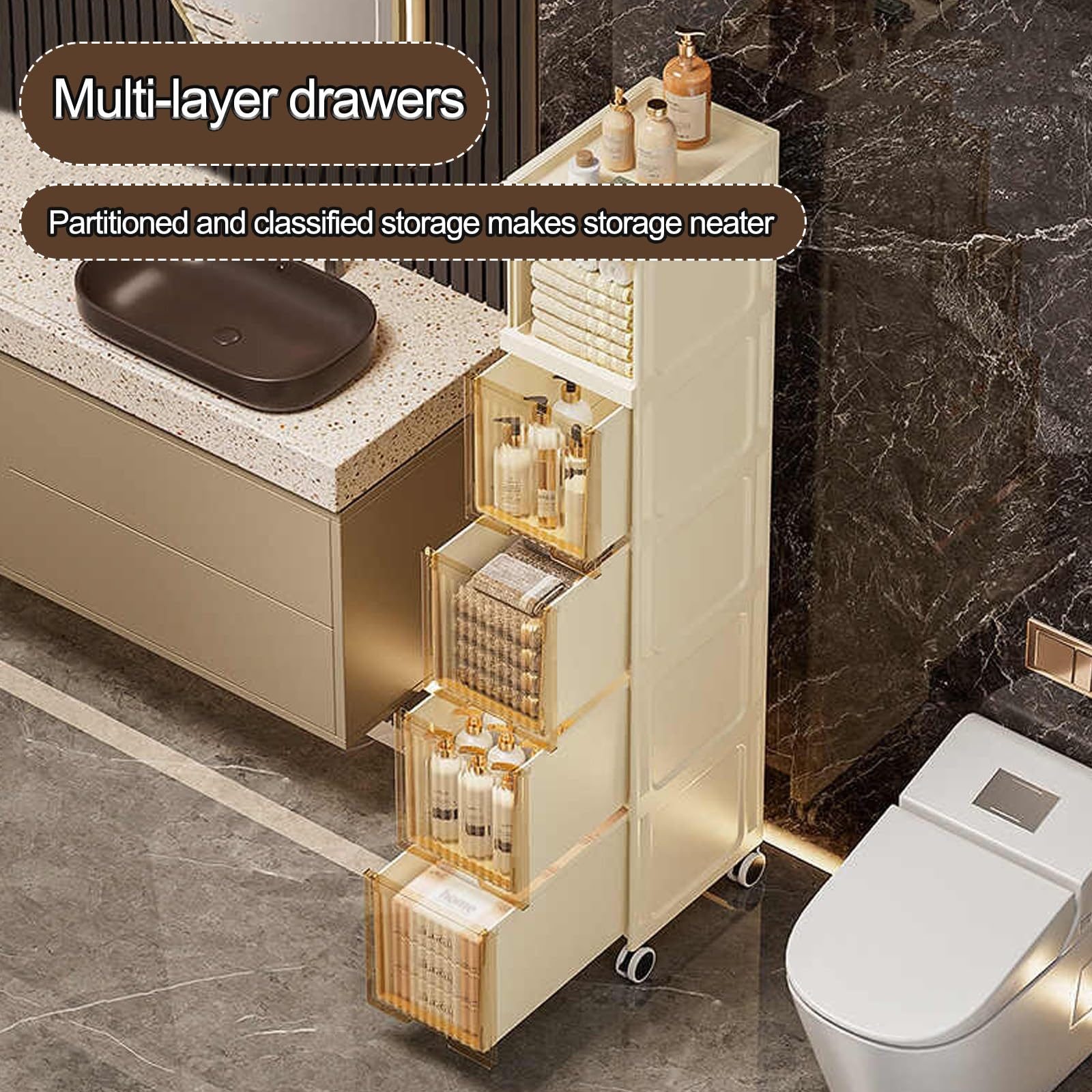 Gabinete de Almacenamiento Estrecho para baño con cajones, Carrito Organizador Impermeable con Ruedas para Espacios pequeños, Cocina y lavandería.