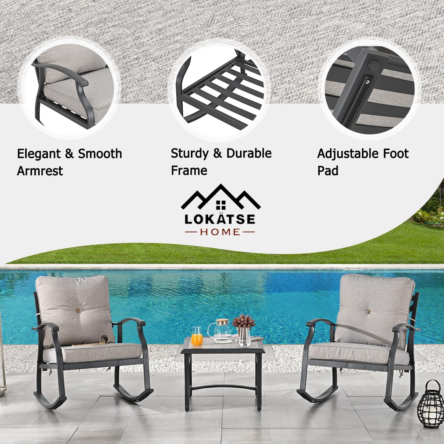 LOKATSE Home 3 PCS Patio Rocking Bistro Set Outdoor Conversation Furniture Sets with Cushion Metal Chairs and Coffee Table for Backyard Deck Lawn Garden