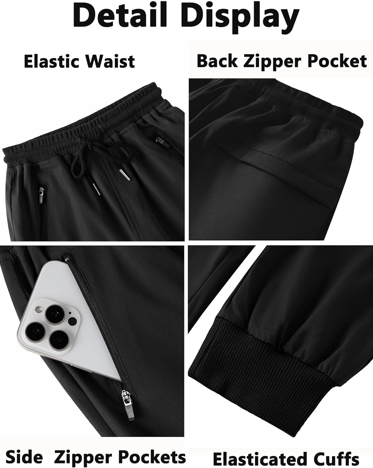 Arshiner Boys Casual Pants Elastic Waist Drawstring Kids Pants Youth Tapered Sweatpants Zipper Pockets Black - Image 5