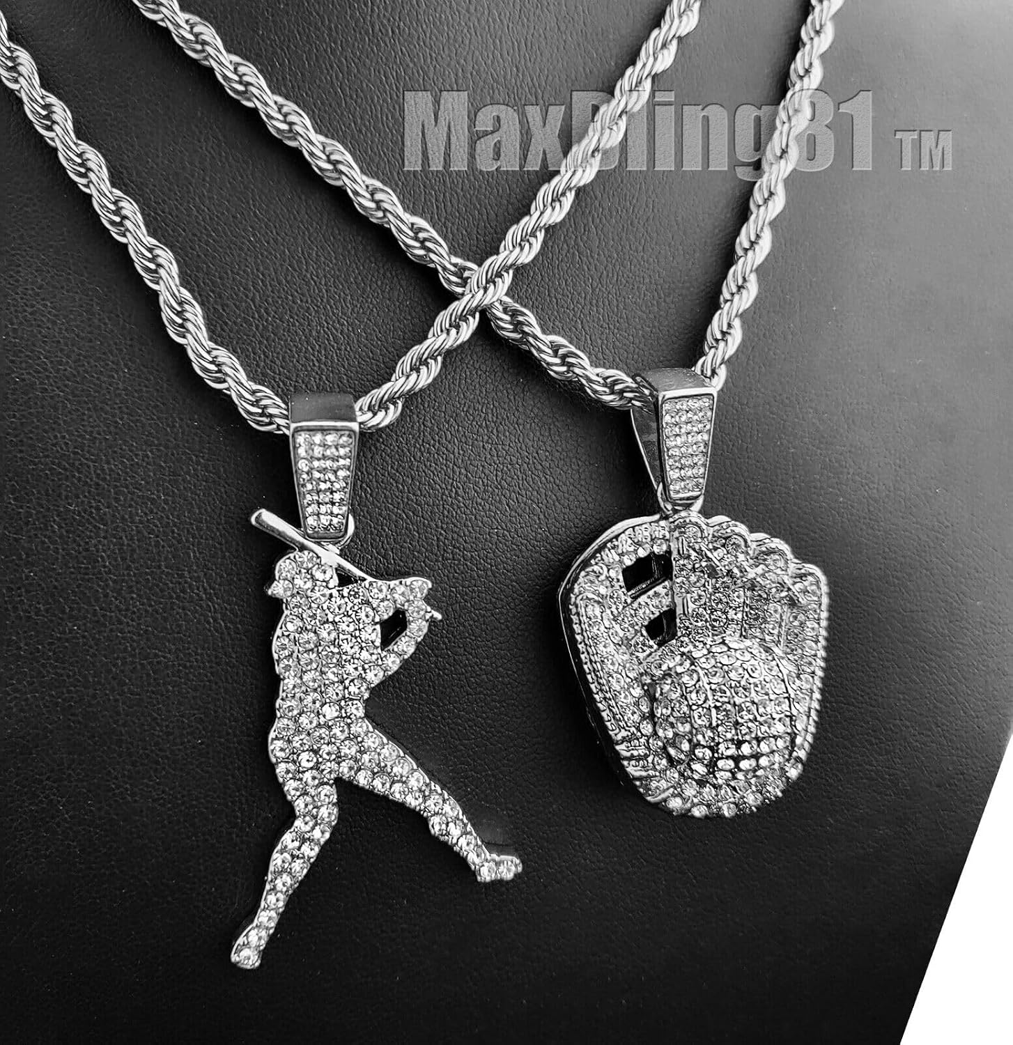 Iced Silver Plated Baseball Hitter & Glove Pendant & 4mm 24" Rope Chain Hip Hop Jewelry Fashion Necklace