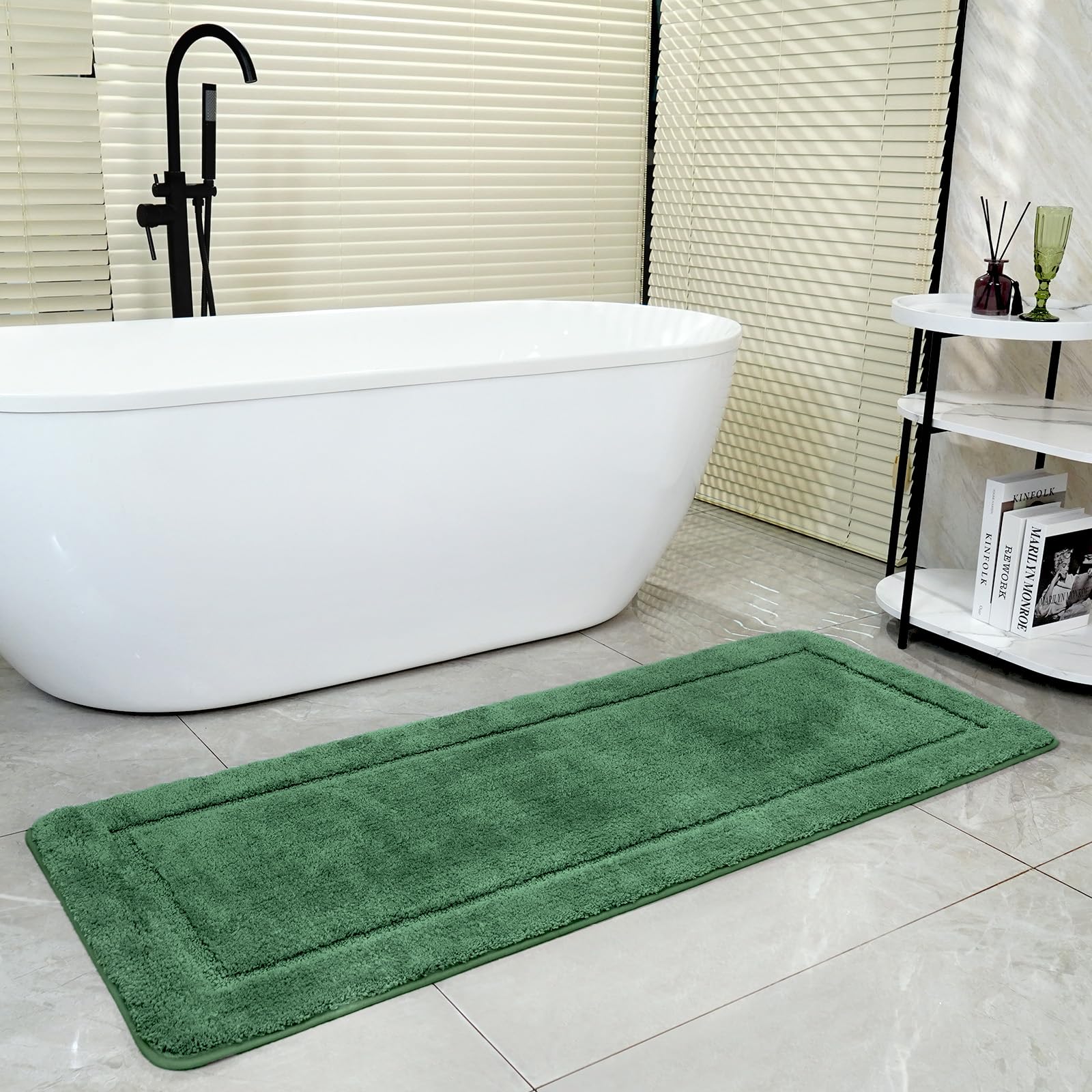 SOANNY Dark Green Bath Mat Single, Non-Slip Soft Microfiber Machine Washable Bathroom Carpet Water Absorbent, High Density Large Fluffy Bathtub Decor Runner Rugs for Door Entrance, Kitchen, 60x150 cm